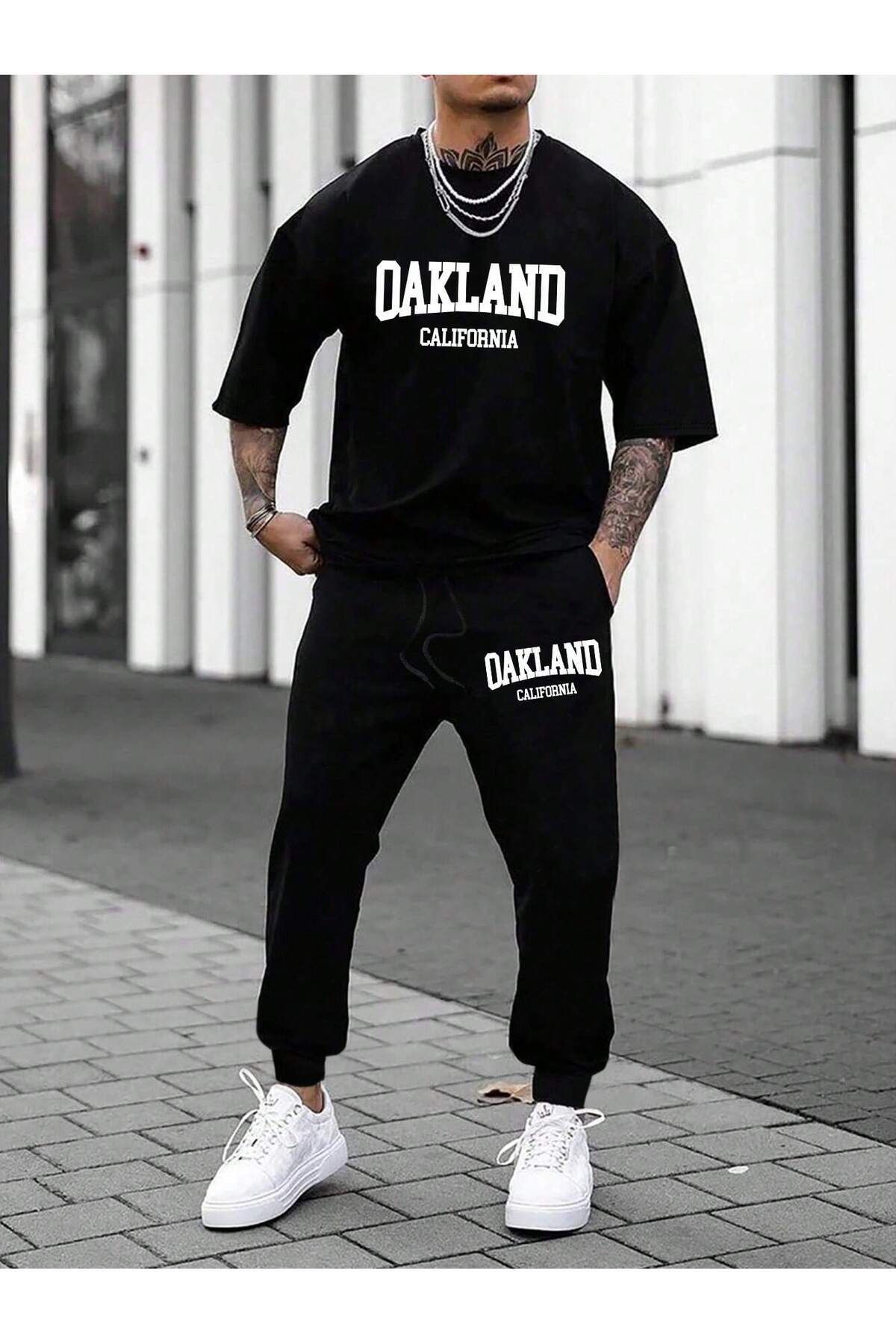 FoxSkin Sportswear&Company Oakland California T-shirt Eşofman Altı Jogger - Siyah Baskılı Eşofman Takımı Oversize Bisiklet Yaka