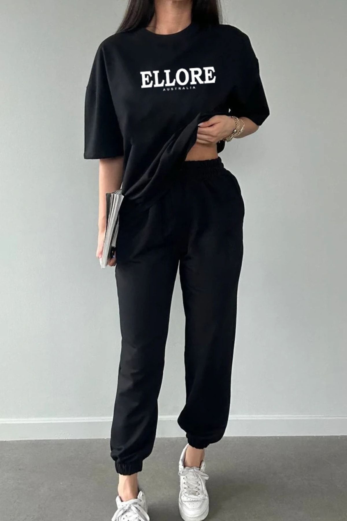 FoxSkin Sportswear&Company Ellore T-shirt Eşofman Altı Jogger - Siyah Baskılı Alt Üst Eşofman Takımı Oversize Bisiklet Yaka