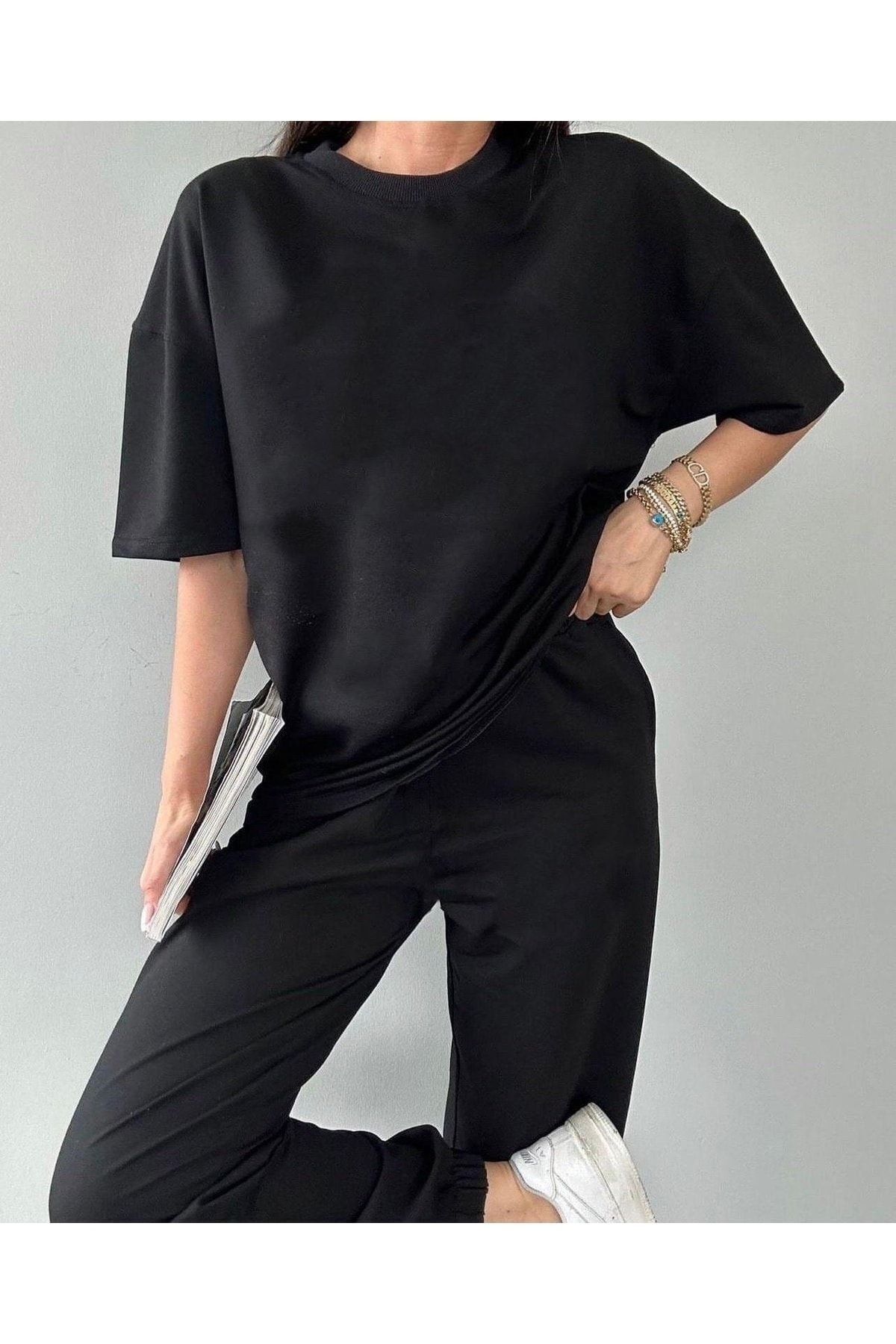 FoxSkin Sportswear&Company Basic Düz T-shirt Eşofman Altı Jogger - Siyah Eşofman Takımı Oversize Bisiklet Yaka