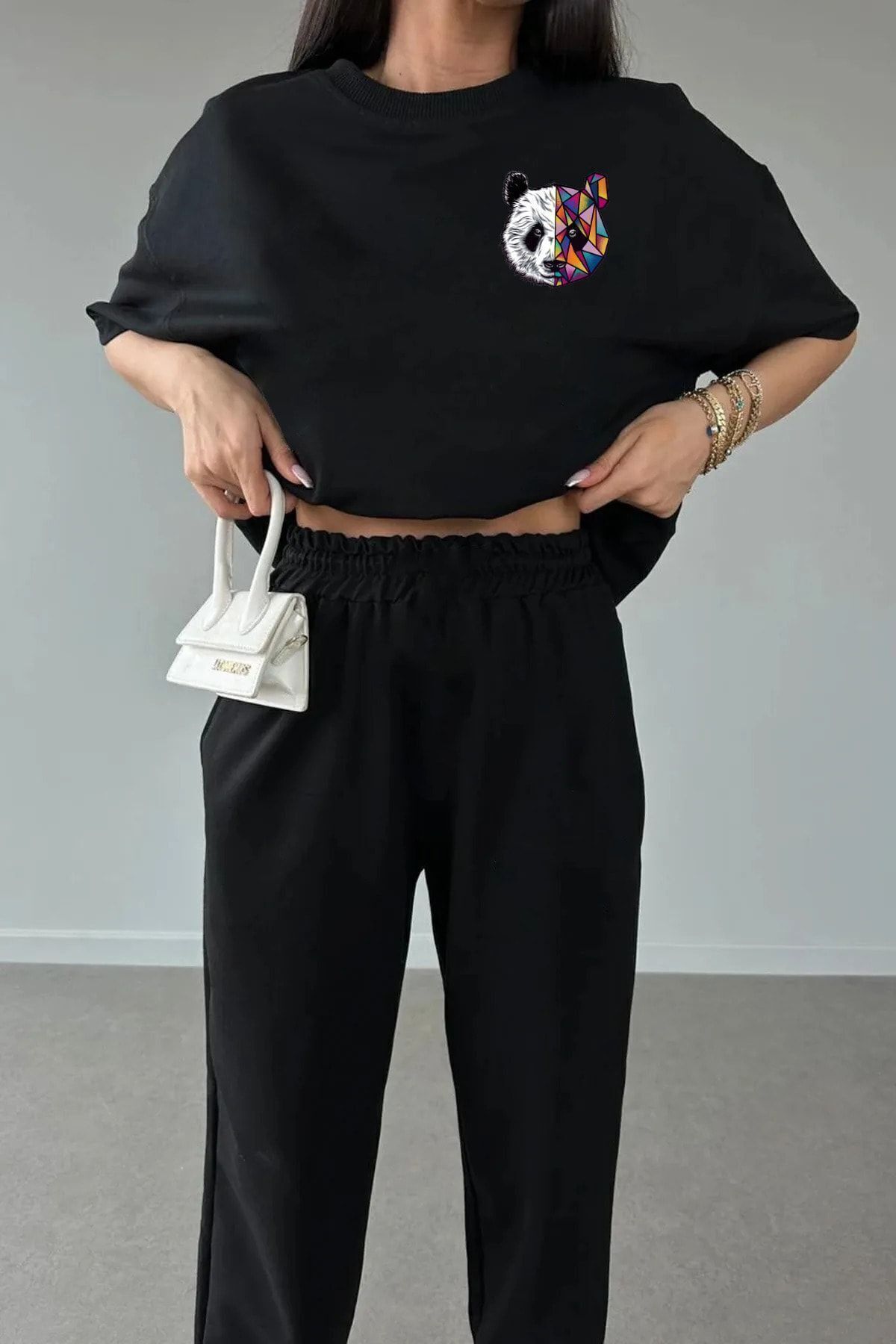 FoxSkin Sportswear&Company Panda Logo T-shirt Eşofman Altı Jogger - Siyah Baskılı Eşofman Takımı Oversize Bisiklet Yaka