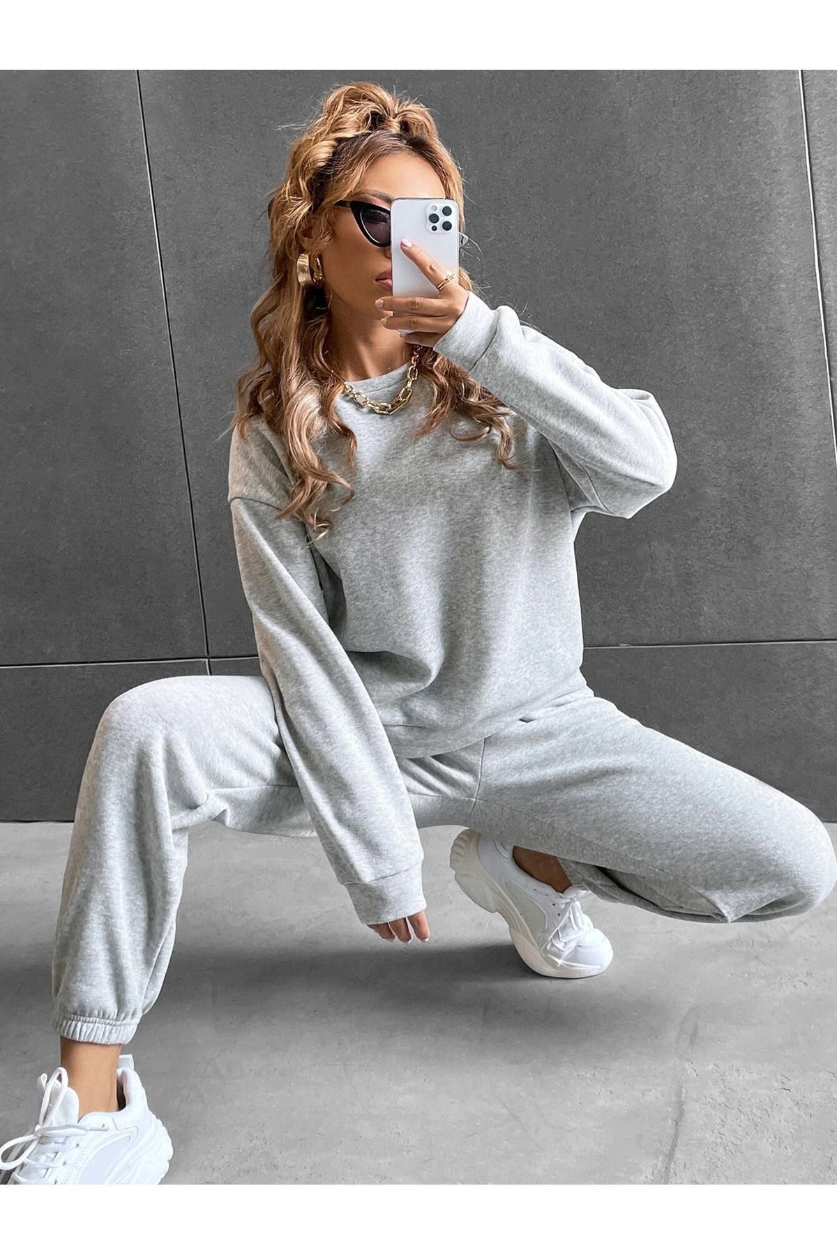 FoxSkin Sportswear&Company Unisex Basic Kalın Kışlık Sweatshirt Eşofman Altı Jogger - Gri Alt Üst Eşofman Takımı Bisiklet Yaka