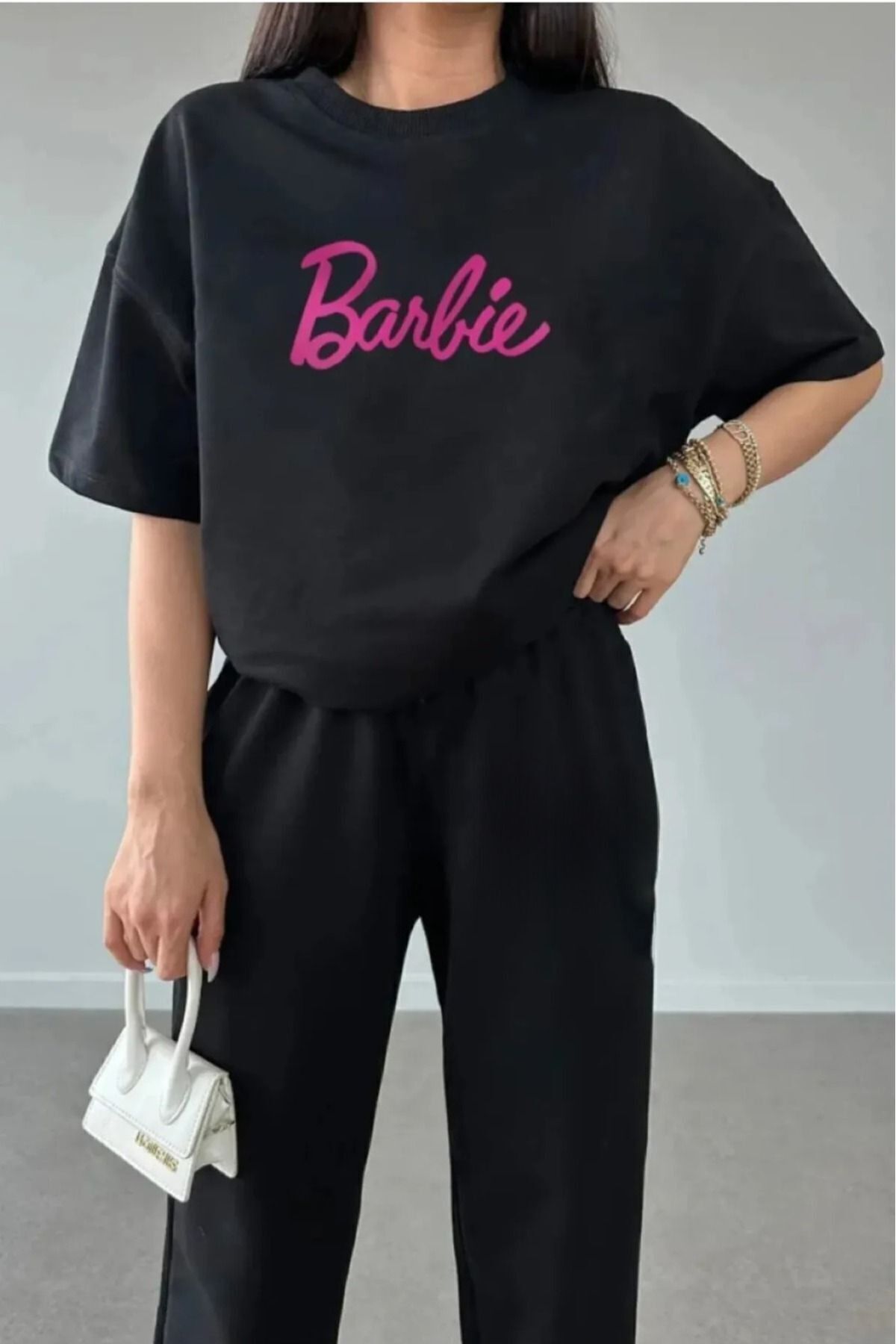 FoxSkin Sportswear&Company T-shirt Eşofman Altı Jogger - Siyah Baskılı Eşofman Takımı Oversize Bisiklet Yaka