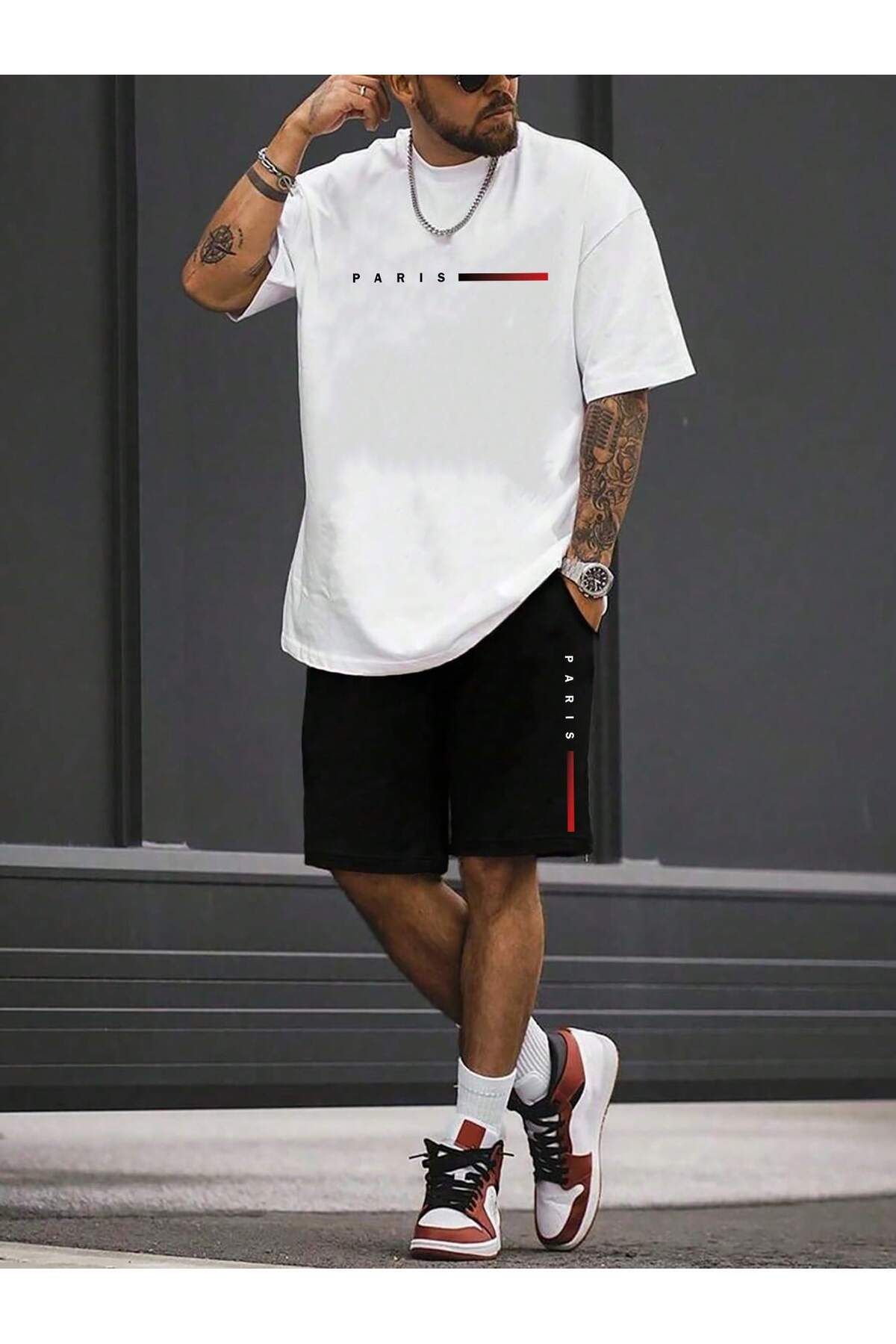 FoxSkin Sportswear&Company Paris Soluk Şerit T-Shirt Şort - Beyaz Siyah Alt Üst Takım Şort Tişört Kombin Baskılı Bisiklet Yaka