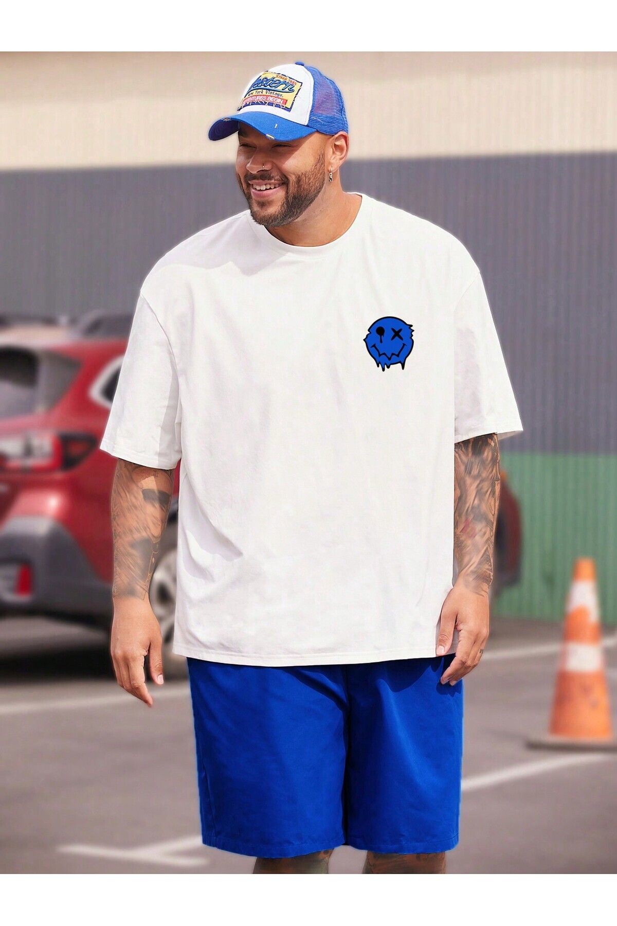 FoxSkin Sportswear&Company Emoji Logo T-Shirt Şort - Beyaz Sax Mavi Alt Üst Takım Şort Tişört Kombin Baskılı Bisiklet Yaka