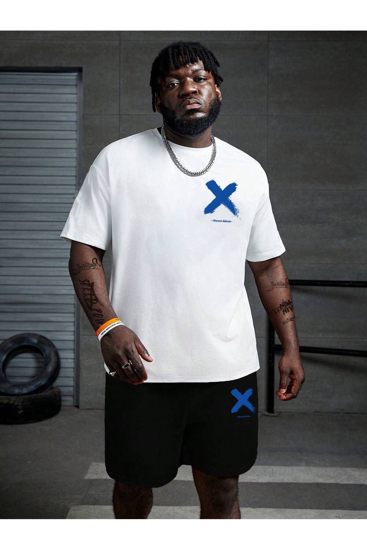 FoxSkin Sportswear&Company X Never Mind T-Shirt Şort - Beyaz Siyah Alt Üst Takım Şort Tişört Kombin Baskılı Bisiklet Yaka