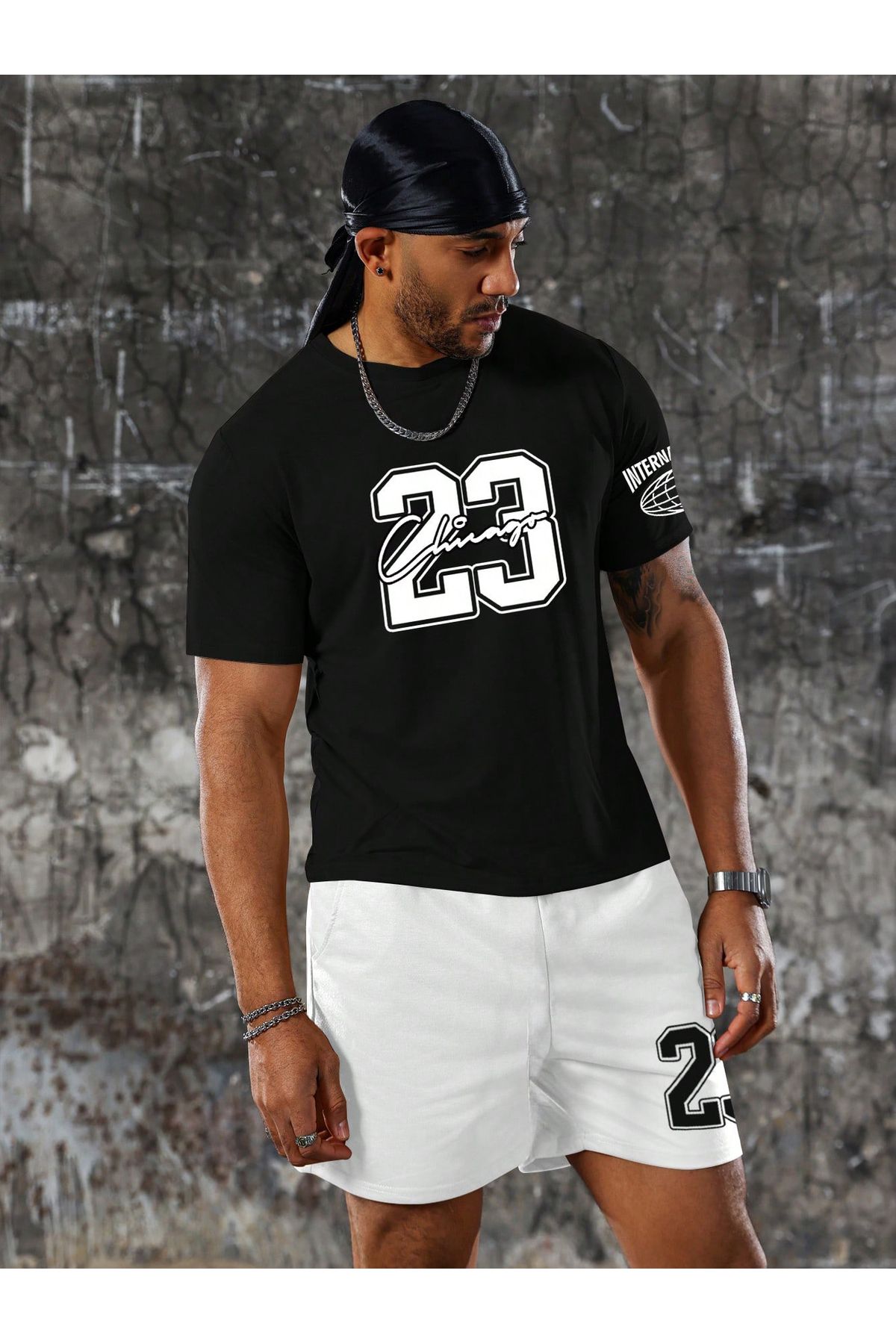 FoxSkin Sportswear&Company 23 Chicago T-Shirt Şort - Siyah Beyaz Alt Üst Takım Şort Tişört Kombin Baskılı Bisiklet Yaka