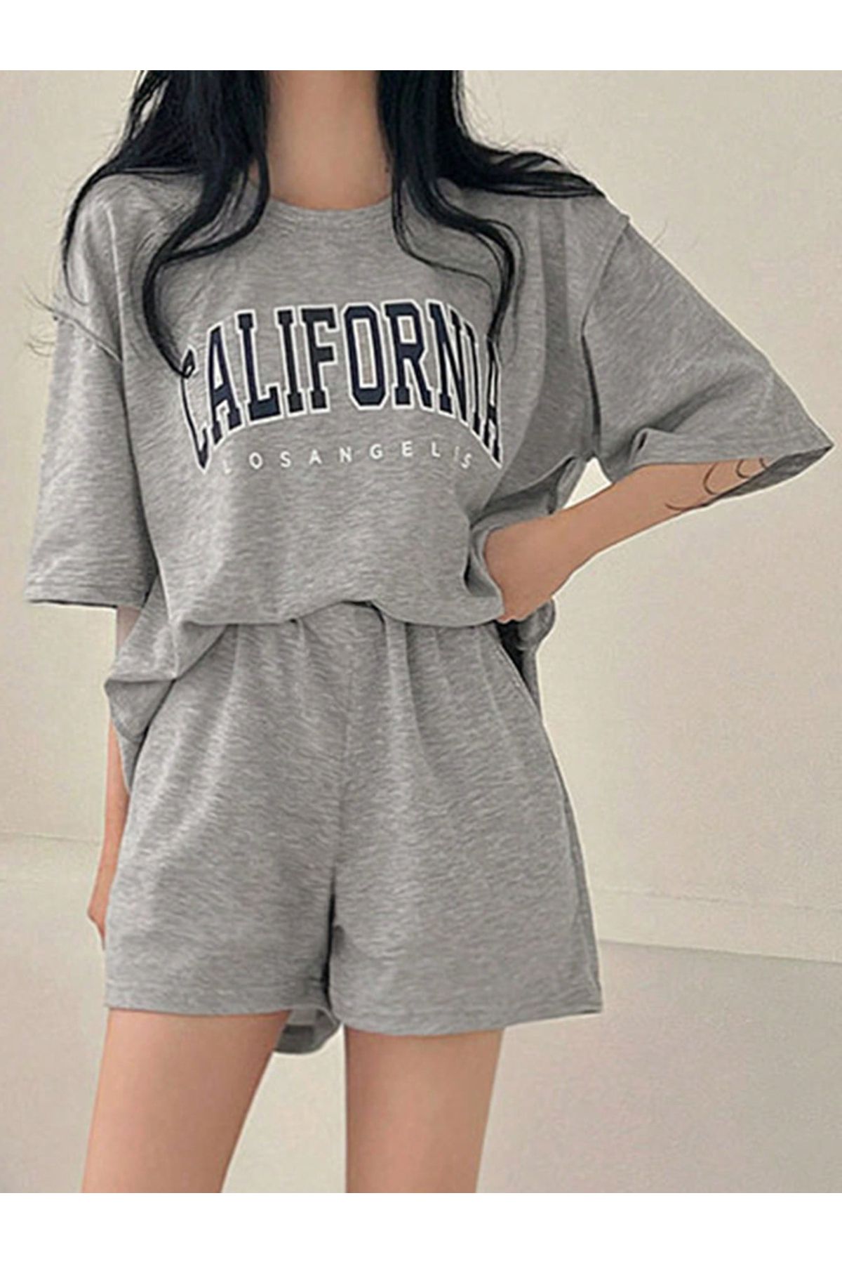 FoxSkin Sportswear&Company California Los Angeles T-Shirt Şort - Gri Alt Üst Takım Şort Tişört Kombin Baskılı Bisiklet Yaka