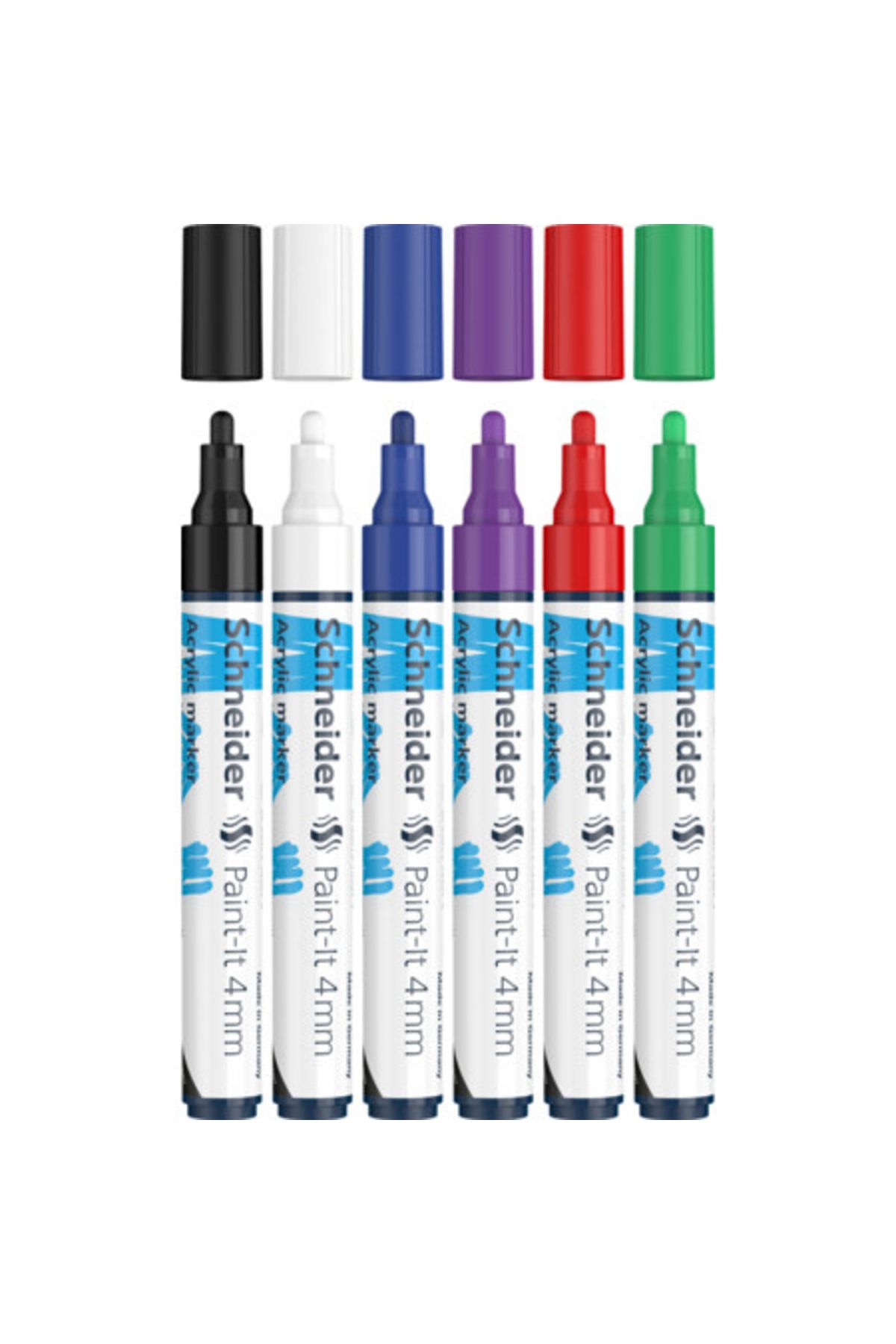 SCHNEIDER-Set of 6 Paint-It 320 Acrylic Paint Markers, 4 mm, black, white, blue, purple, red, green 1