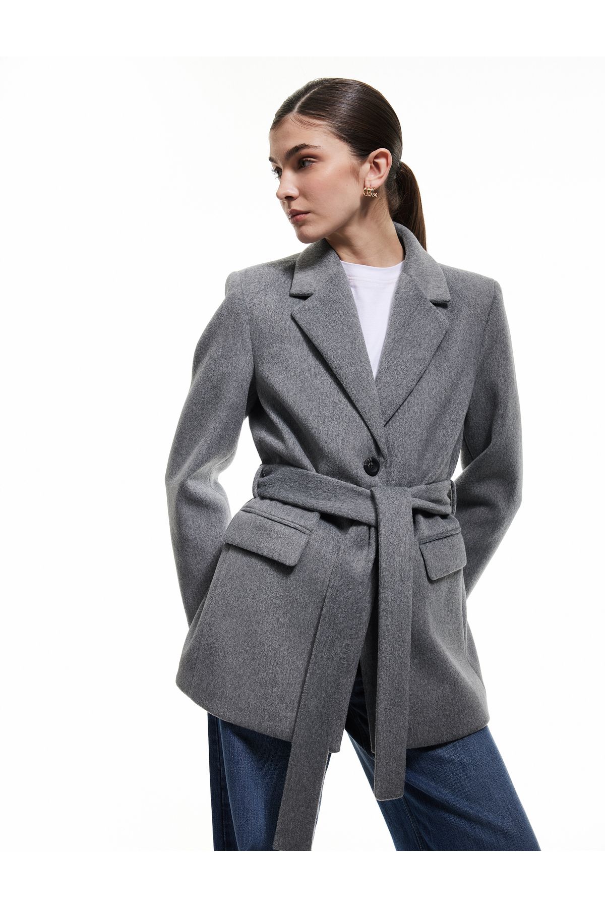 Koton-Soft Textured Double Breasted Short Coat with Belt Detail Pockets 2