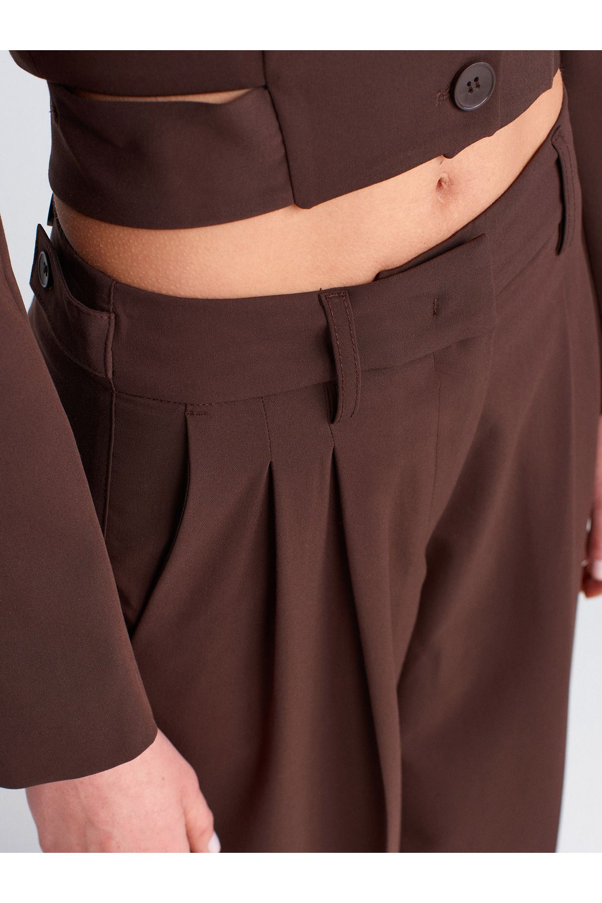 Dilvin-71606 Model - Extra Wide Leg and Adjustable Cut Coffee Pants 3