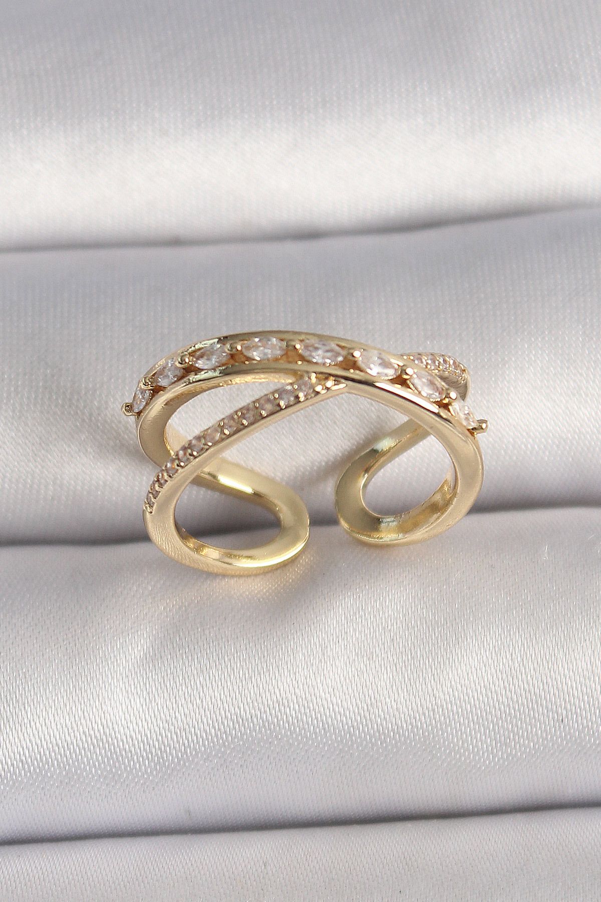 OEM Pirinç Gold Renk Zirkon Taşlı Ayarlanabilir Kadın Yüzük - Lisinya