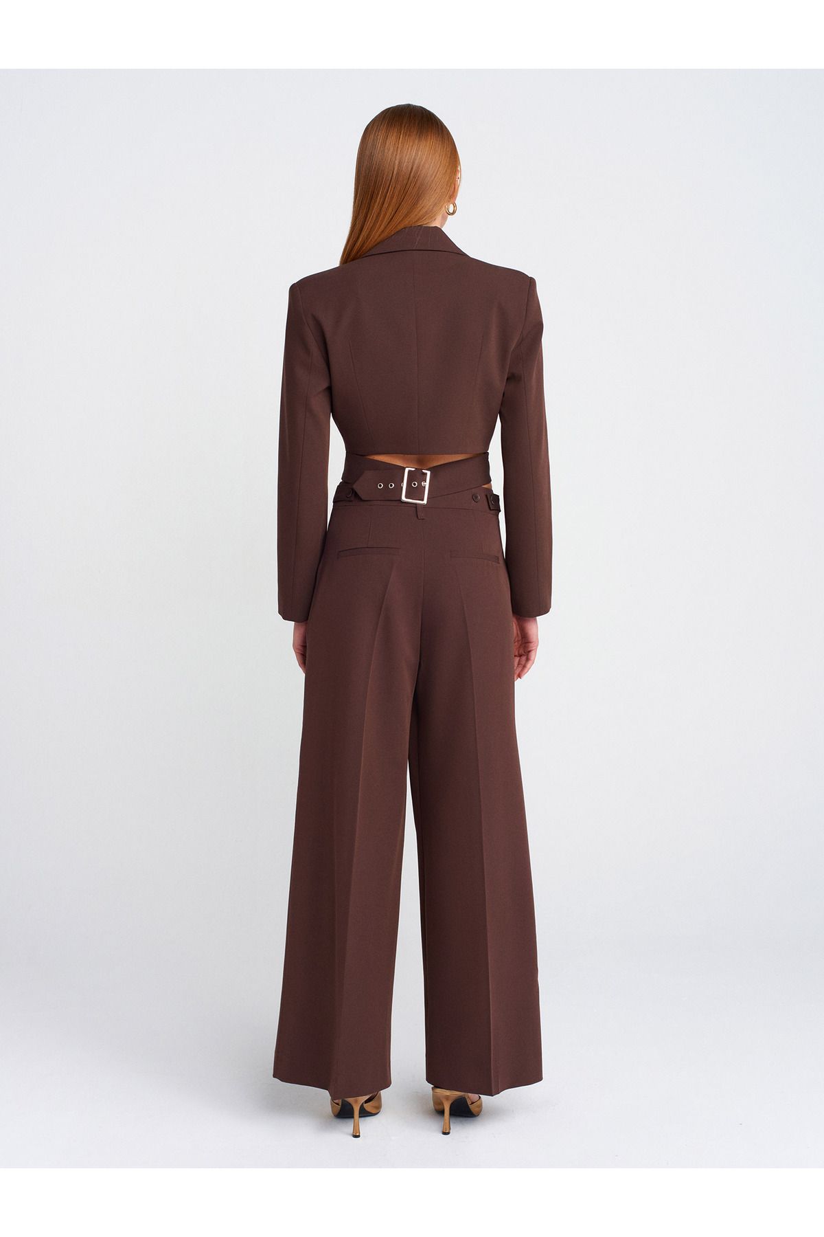 Dilvin-71606 Model - Extra Wide Leg and Adjustable Cut Coffee Pants 2