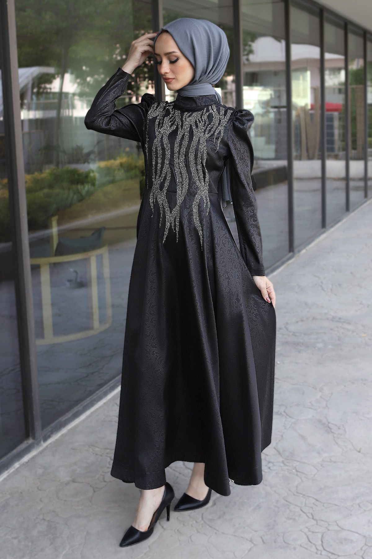 Tesettür Dünyası-Abendkleid mit Pailletten auf der Vorderseite Tsd220544 Schwarz 3