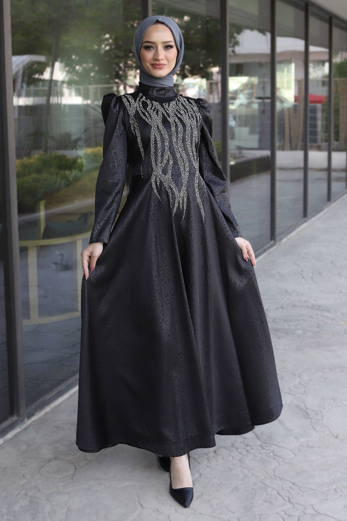 Tesettür Dünyası-Abendkleid mit Pailletten auf der Vorderseite Tsd220544 Schwarz 4