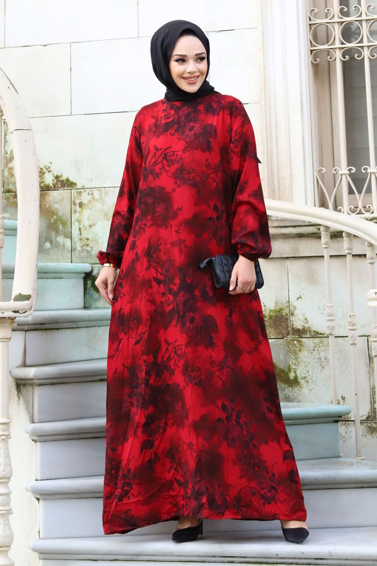 Tesettür Dünyası-Kleid mit Rosenmuster und Taillengürtel TSD240207 Weinrot 4