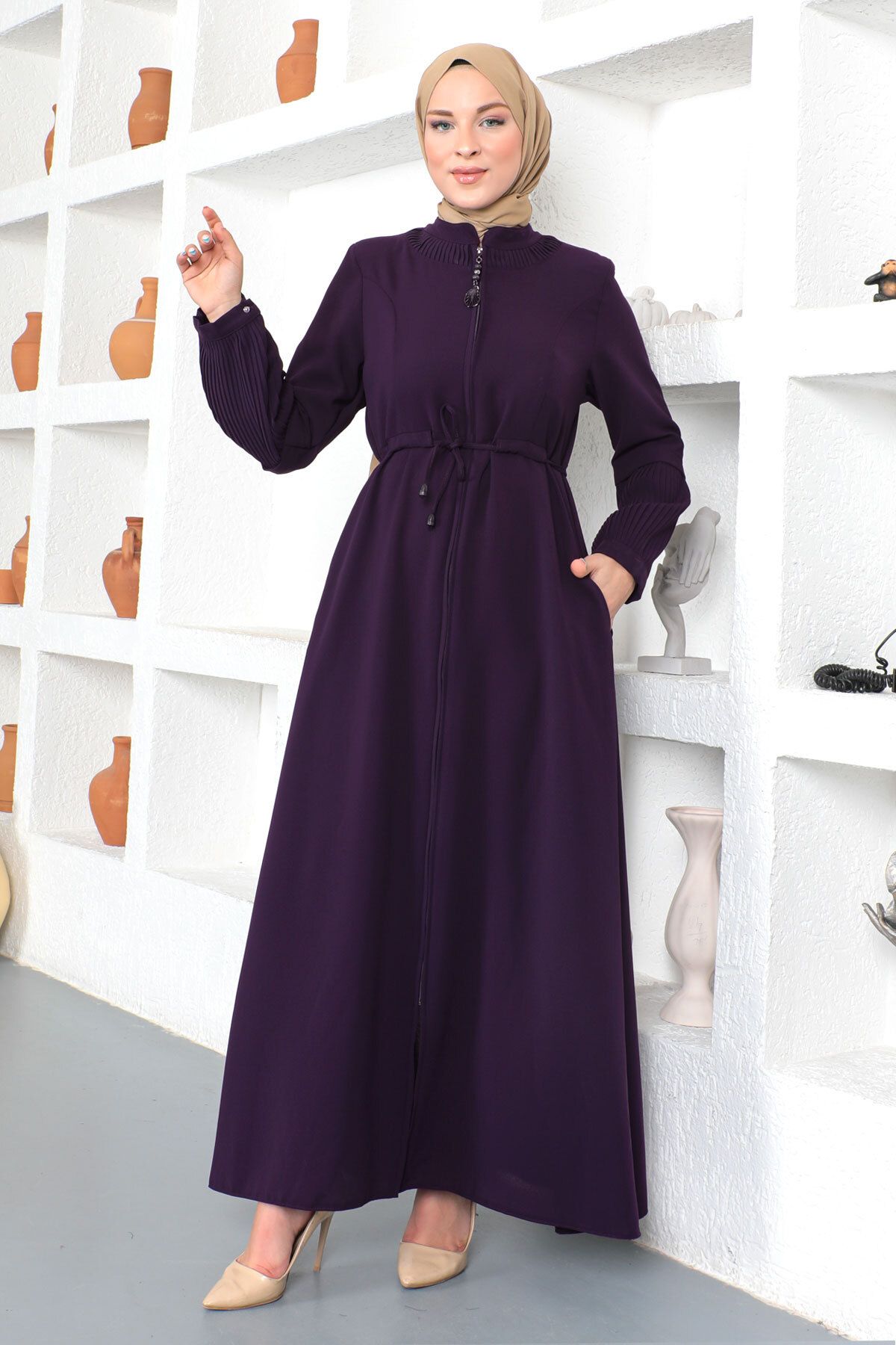 Tesettür Dünyası-Hijab Abaya mit gebundener Taille Tsd230342 Pflaume 4