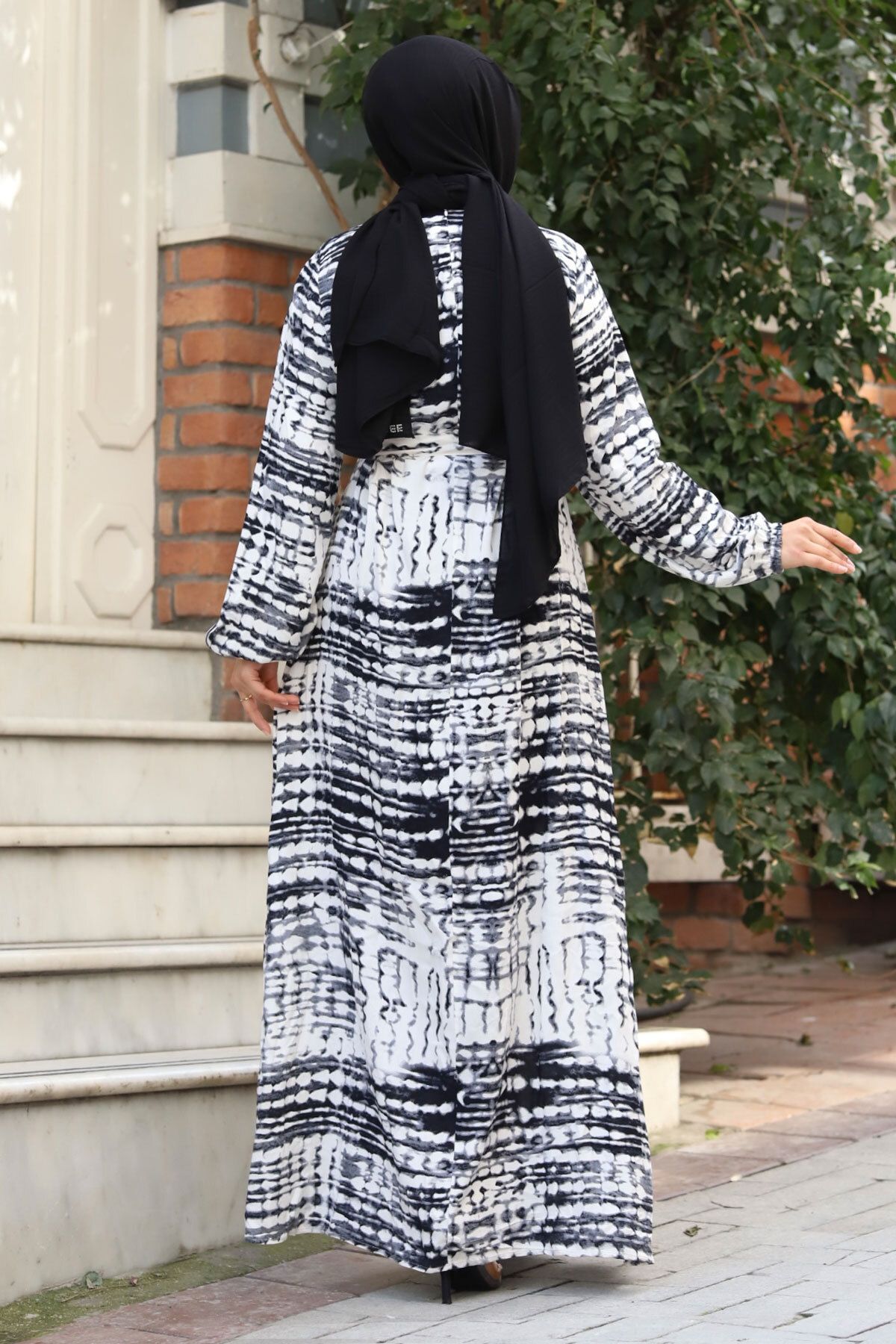 Tesettür Dünyası-Wasser Farbe Gemusterten Taille Gürtel Viskose Kleid TSD240324 5