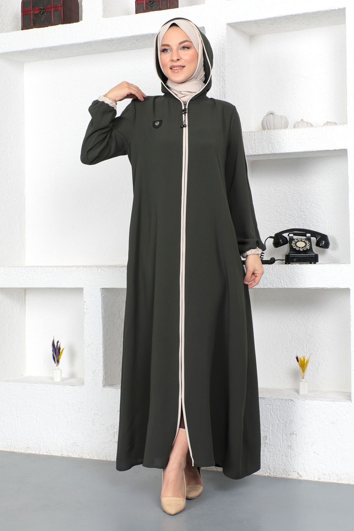 Tesettür Dünyası-Kolorowy hidżab z końcówką rękawa Abaya Tsd230415 Khaki 4