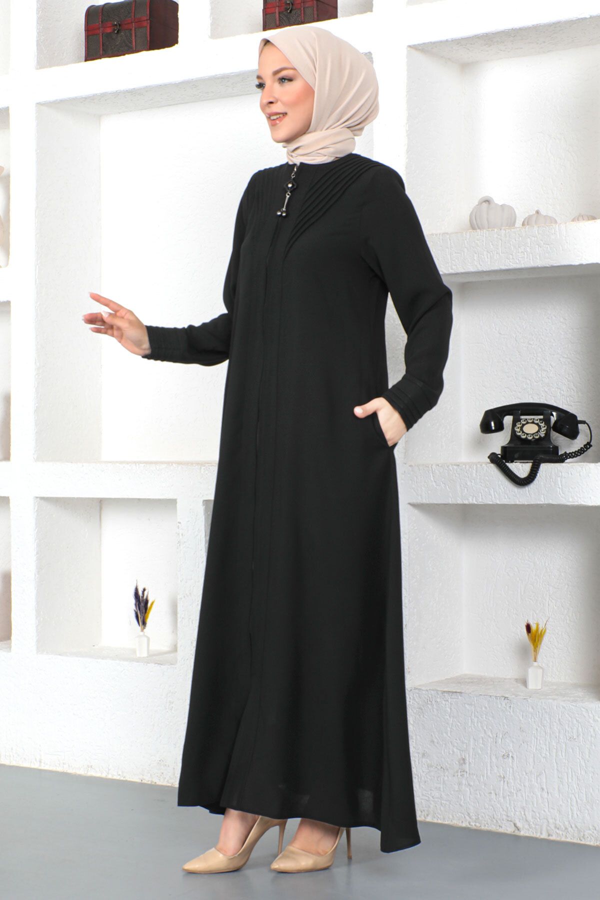 Tesettür Dünyası-Triangle Striped Hijab Abaya Tsd230424 Black 2