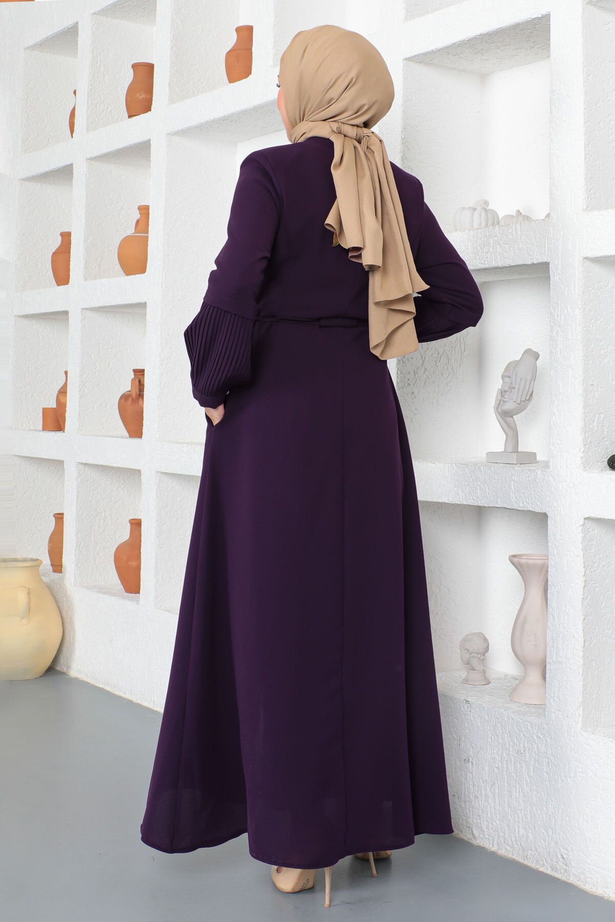 Tesettür Dünyası-Hijab Abaya mit gebundener Taille Tsd230342 Pflaume 5