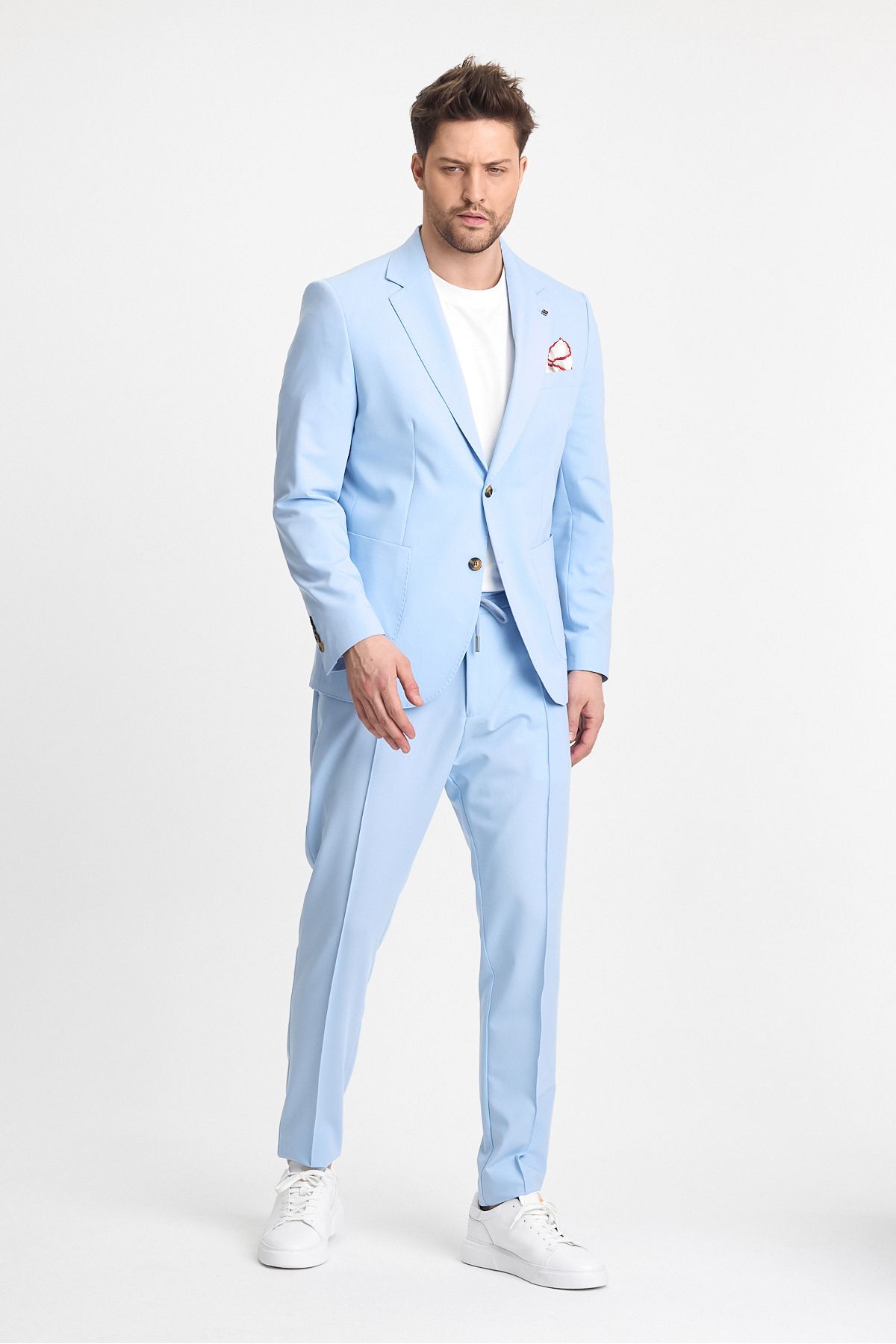 Frappoli-Wilson Men's Ice Blue Cotton Blended Summer Cool Fabric Slim Fit 2-Piece Suit 2