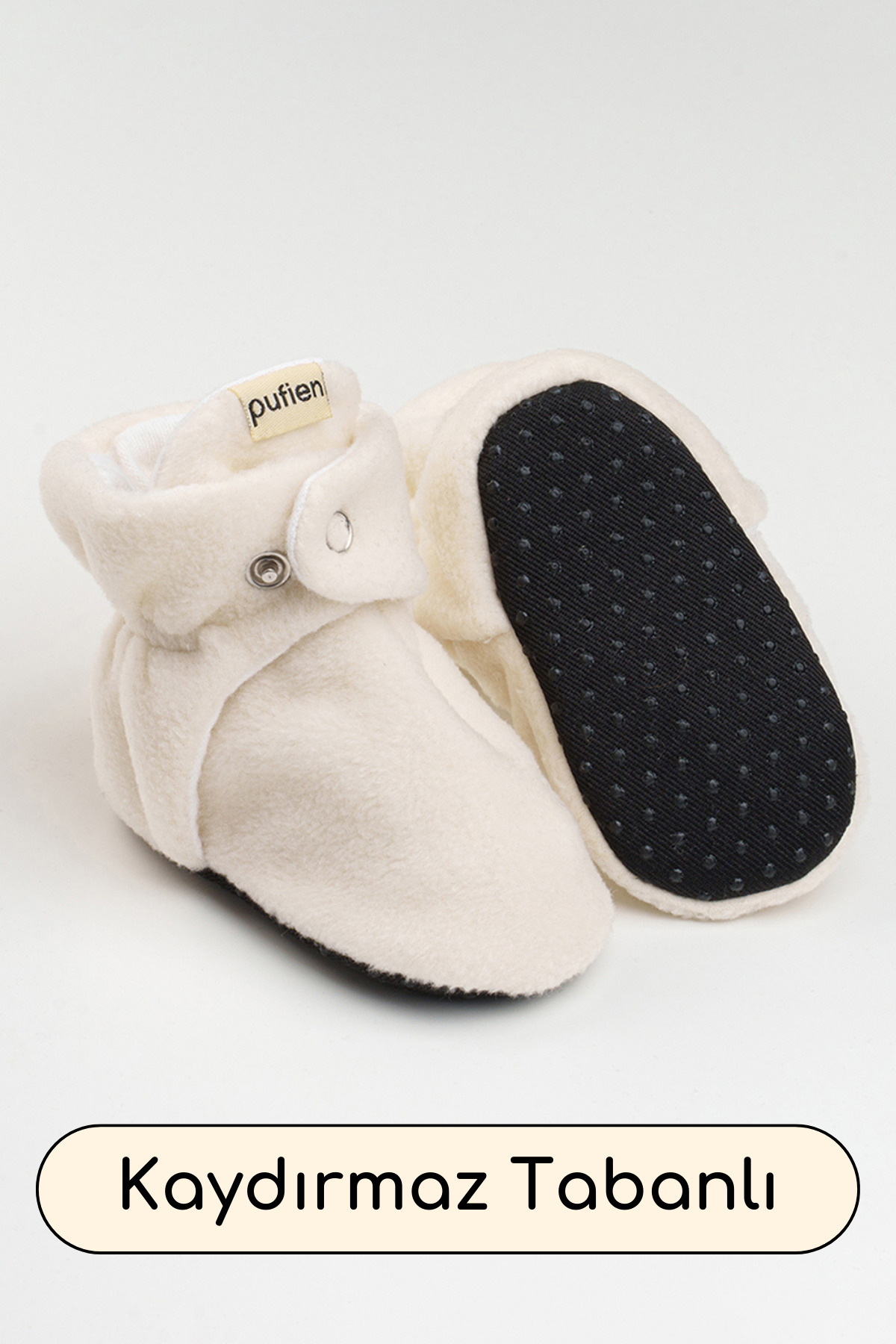 pufien Kaymaz Tabanlı İlk Adım Ayakkabısı Beyaz Bebek Patik fotoğrafı 3 (önizleme)