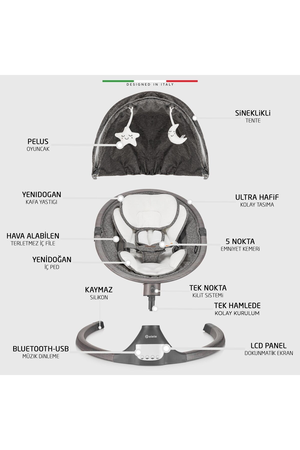 Elele Amore 2 Elektrikli Otomatik Sallanan Ana Kucağı Kademeli Antrasit fotoğrafı 3 (önizleme)