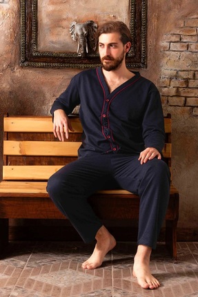 CALİA Erkek Uzun Kollu Önden Düğmeli Penye Örme Kumaş Mevsimlik Pijama Takımı