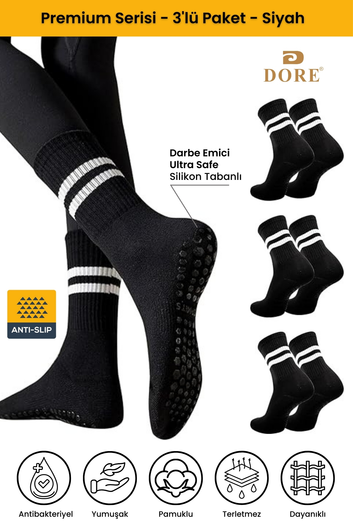 Dore Orijinal Unisex 3 Çift Kaymaz Pilates Ve Yoga Için Plates Kaydırmaz Tabanlı Çorap - Siyah 3'lü