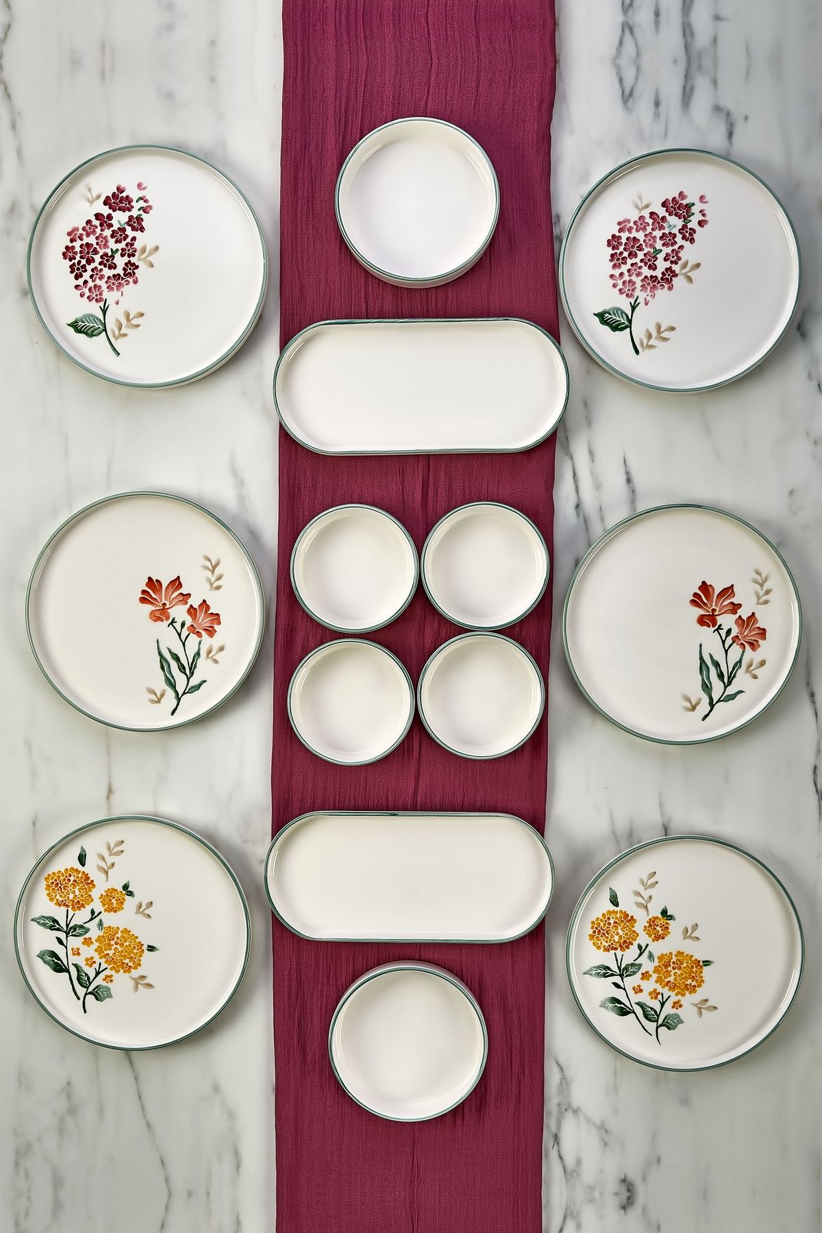 14 Parça 6 Kişilik Flowers Stackable Kahvaltı Takımı - Lüx Kahvaltılık Sunum Seti Tabağı