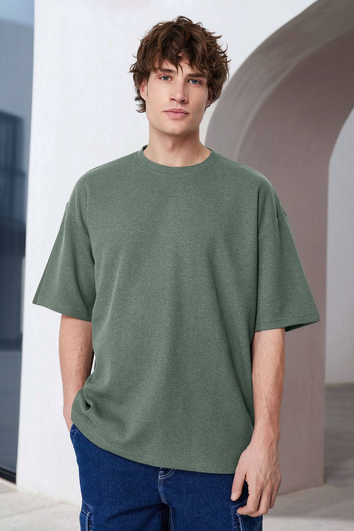Trendyol Collection Oversize Cut Waffle póló - texturált rövid ujjú TMNSS22TS00049