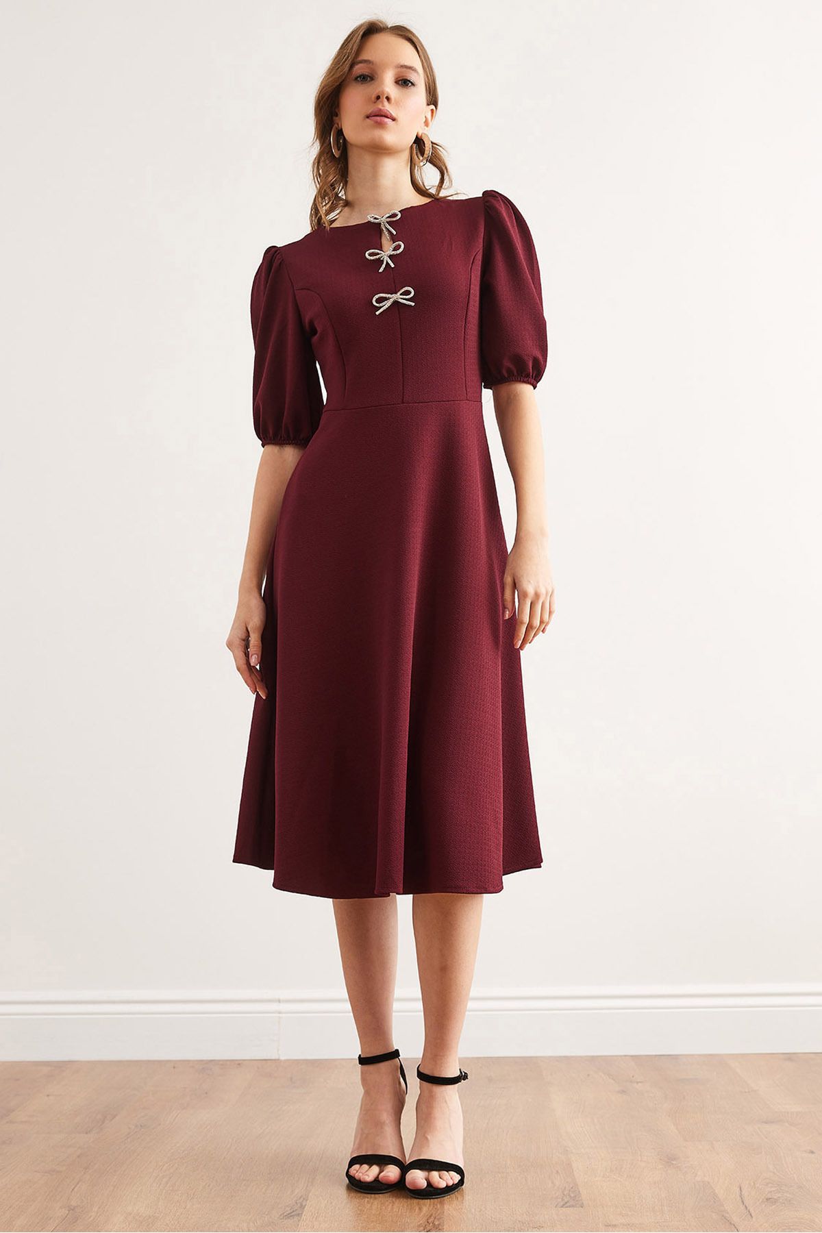 Kadın Bordo Fiyonk Detaylı Midi Örme Elbise ELB-19002341