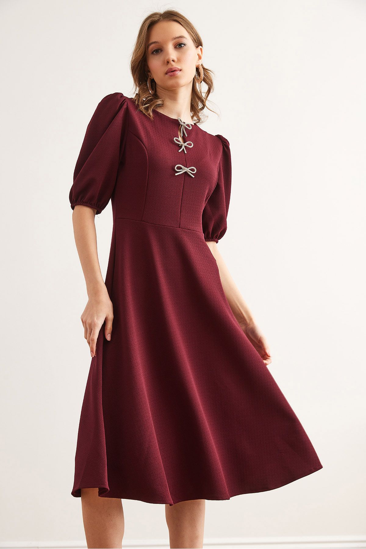 Kadın Bordo Fiyonk Detaylı Midi Örme Elbise ELB-19002341