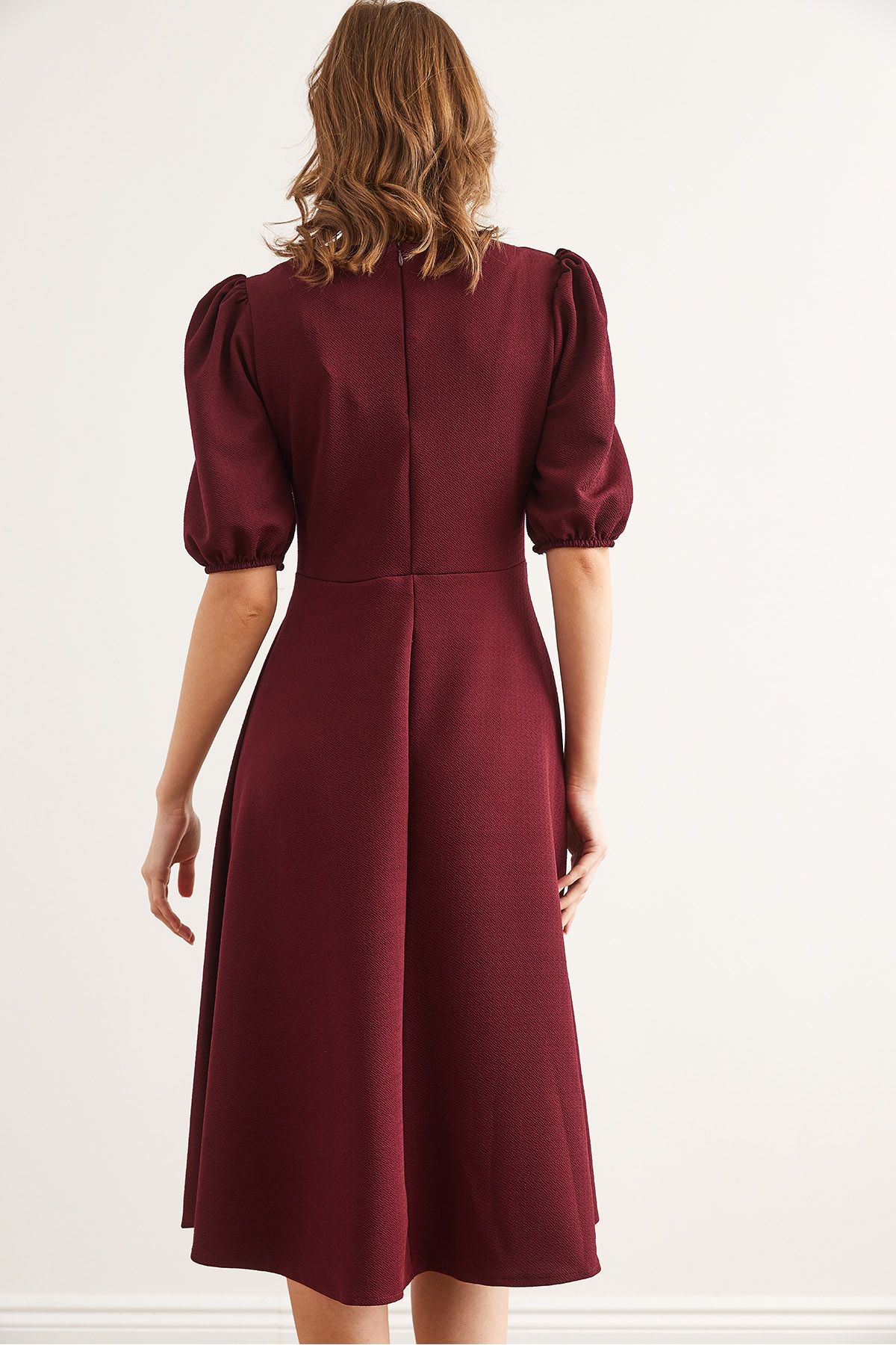 Kadın Bordo Fiyonk Detaylı Midi Örme Elbise ELB-19002341