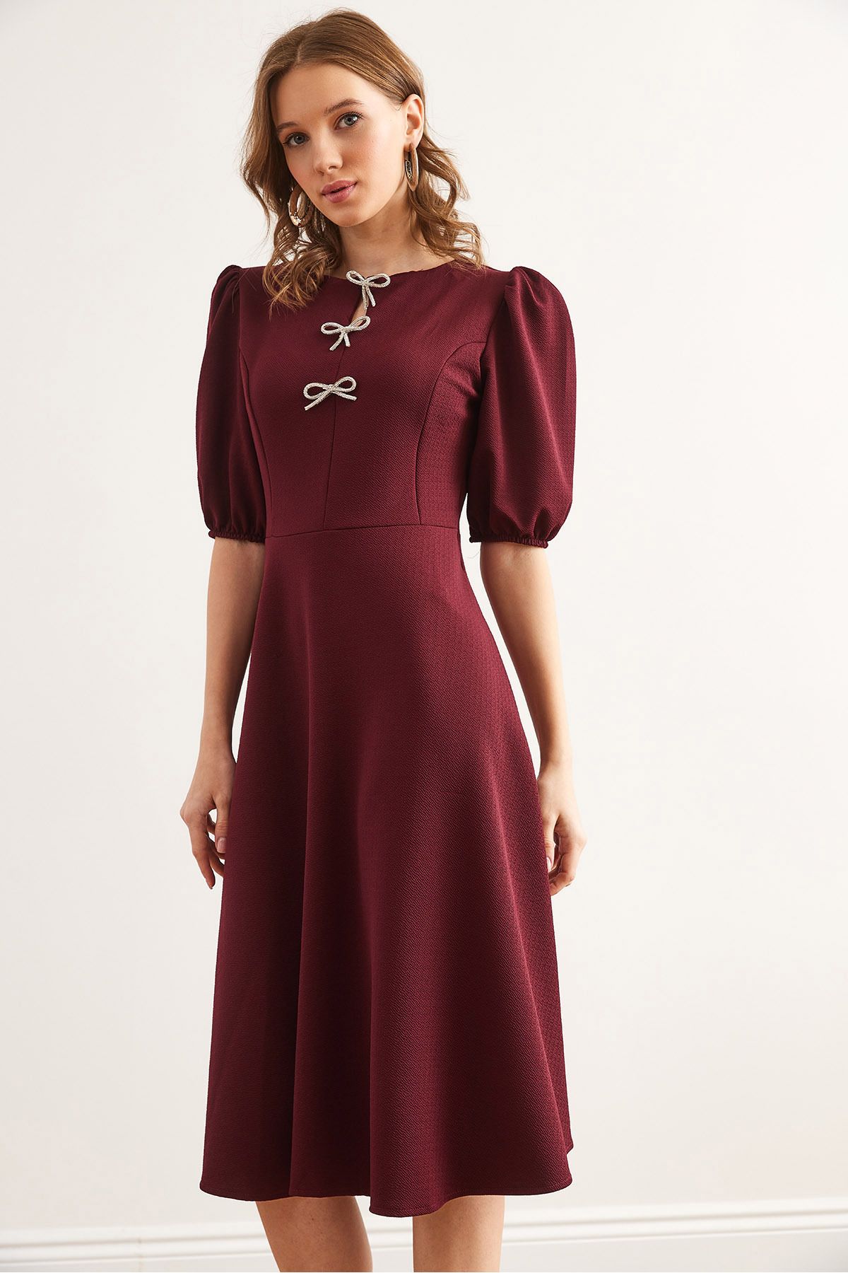 Kadın Bordo Fiyonk Detaylı Midi Örme Elbise ELB-19002341