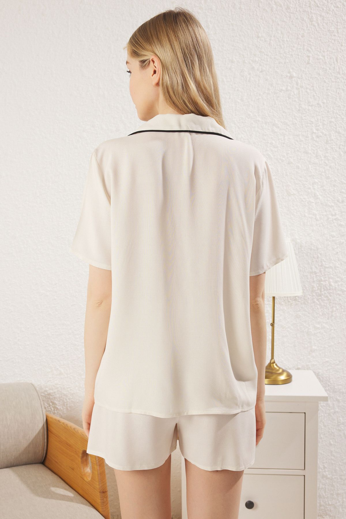 Trendyol Collection-Ecru Plain Shally Woven Pajamas with Shorts Thmss25Pt00002 5