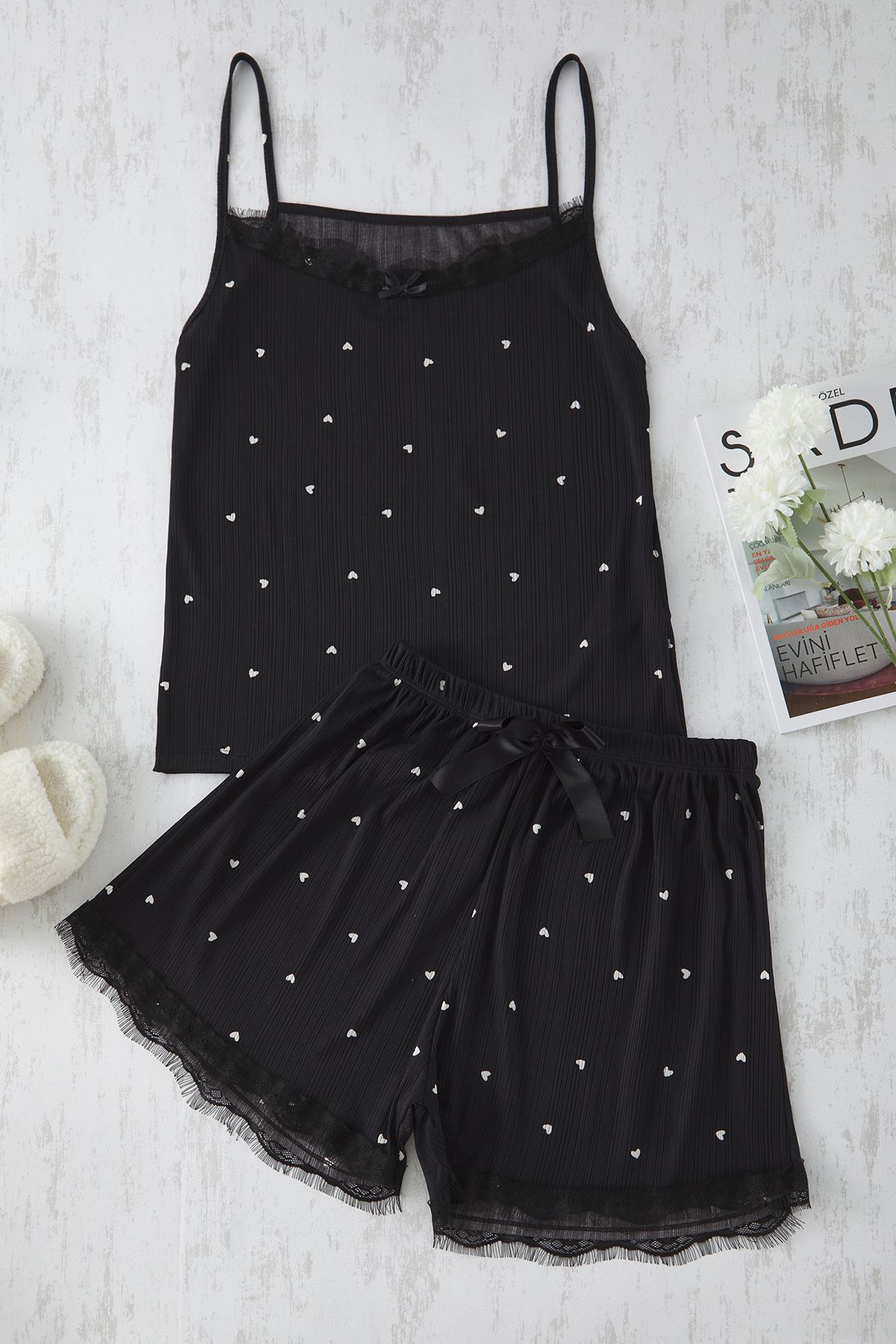 Trendyol Curve-Black Heart Patterned Ribbed Knitted Pajamas Set Tbbss25Ai00050 4