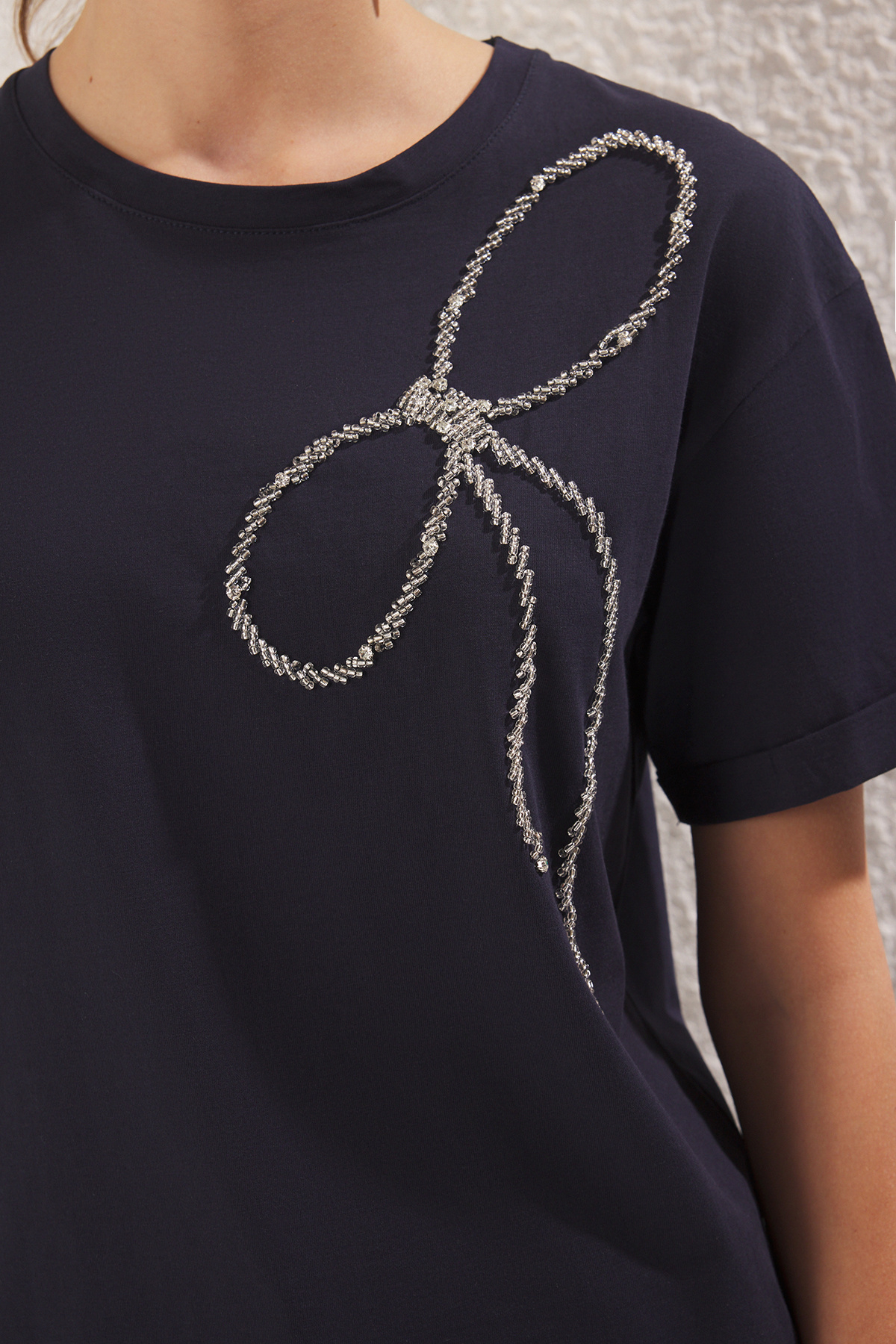 Trendyol Collection-Тъмносиня плетена блуза с детайли от камъни - обикновена панделка, Twoss25Bz00415 4