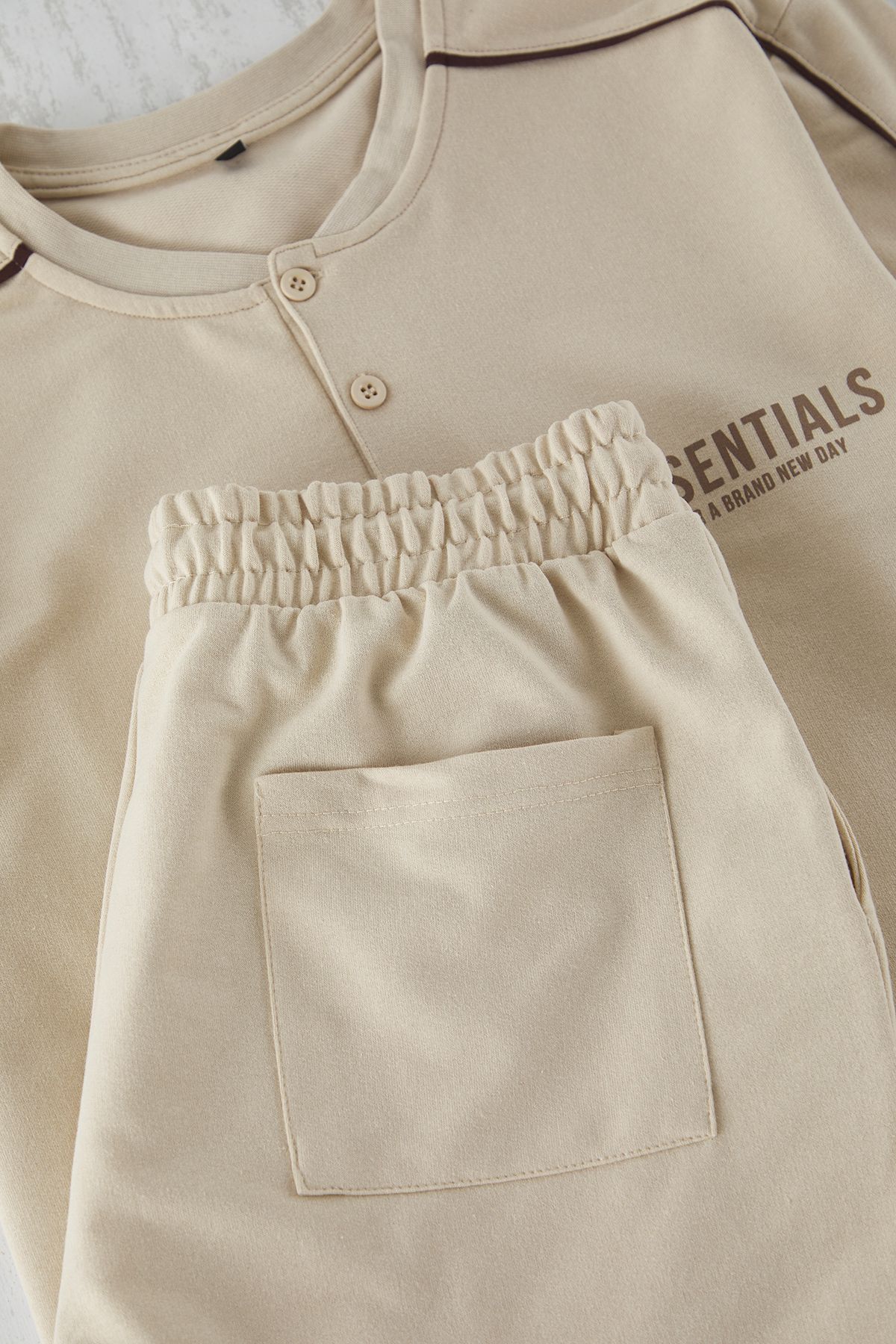 Trendyol Collection-Pajama Set with Beige Button and Knitted Shorts with Placket - Tmnss25Pt00005 3