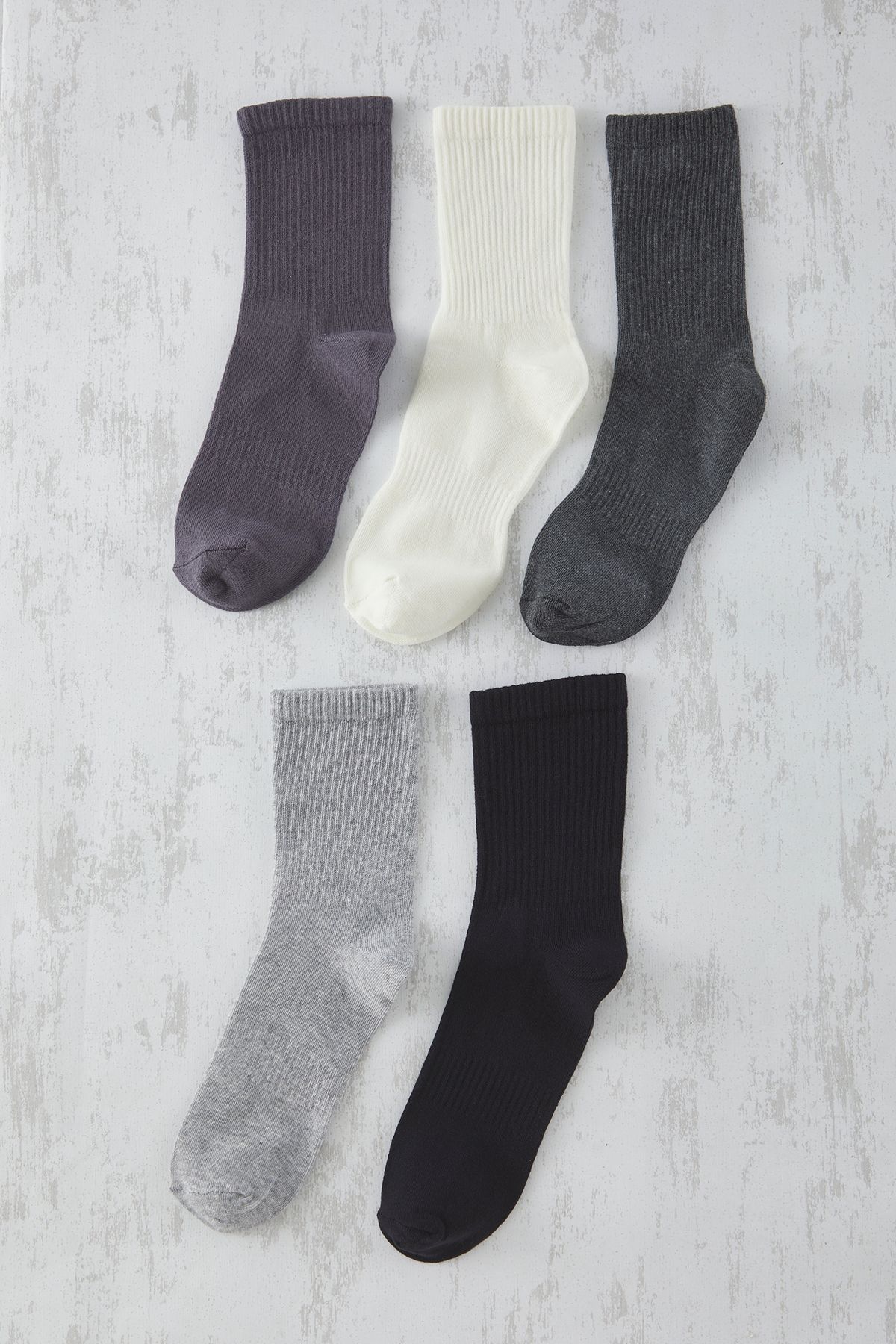 Trendyol Collection-Black-Grey-Ecru Unisex 5-Pack Short-Length College Summer Cotton Socks 2