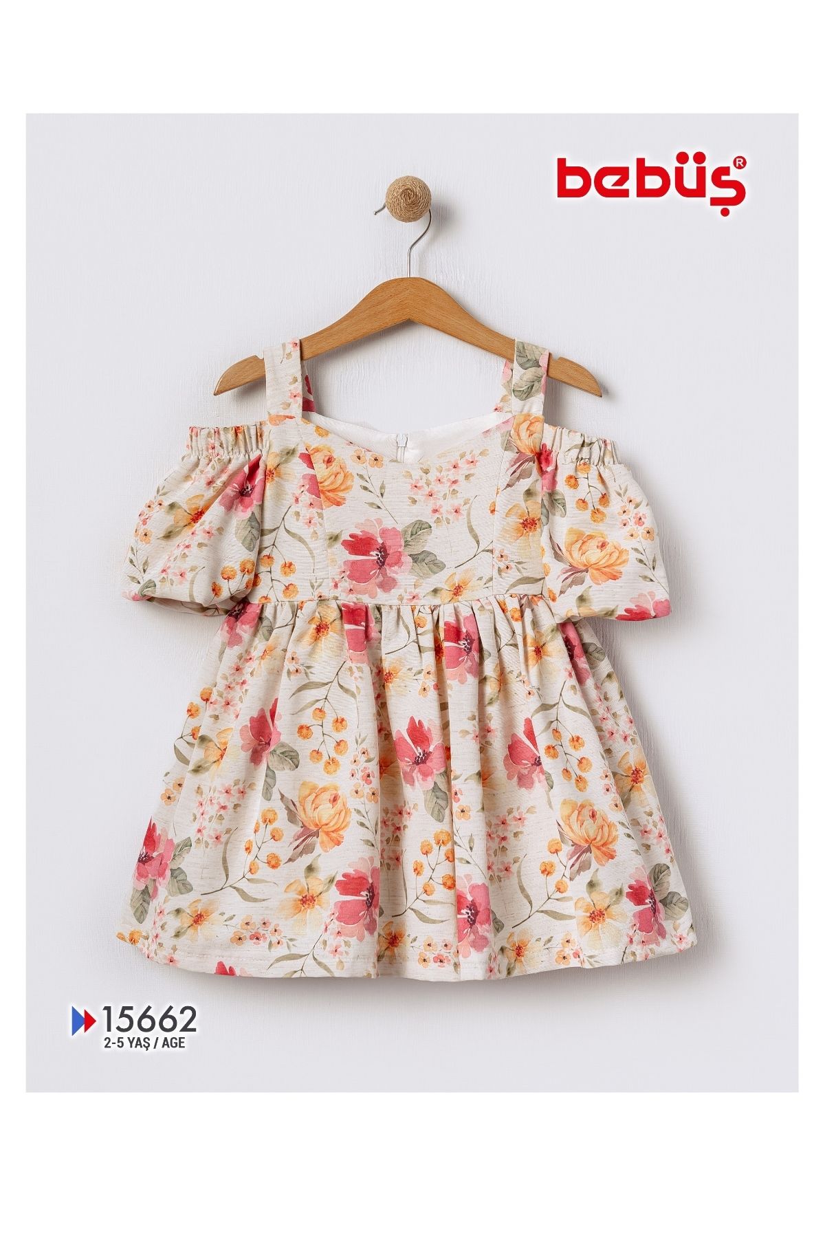 Bebüş-Off-The-Shoulder Rubber Detailed Thick Straps Flared Cutout Flower Print Girls' Dress 15662 3