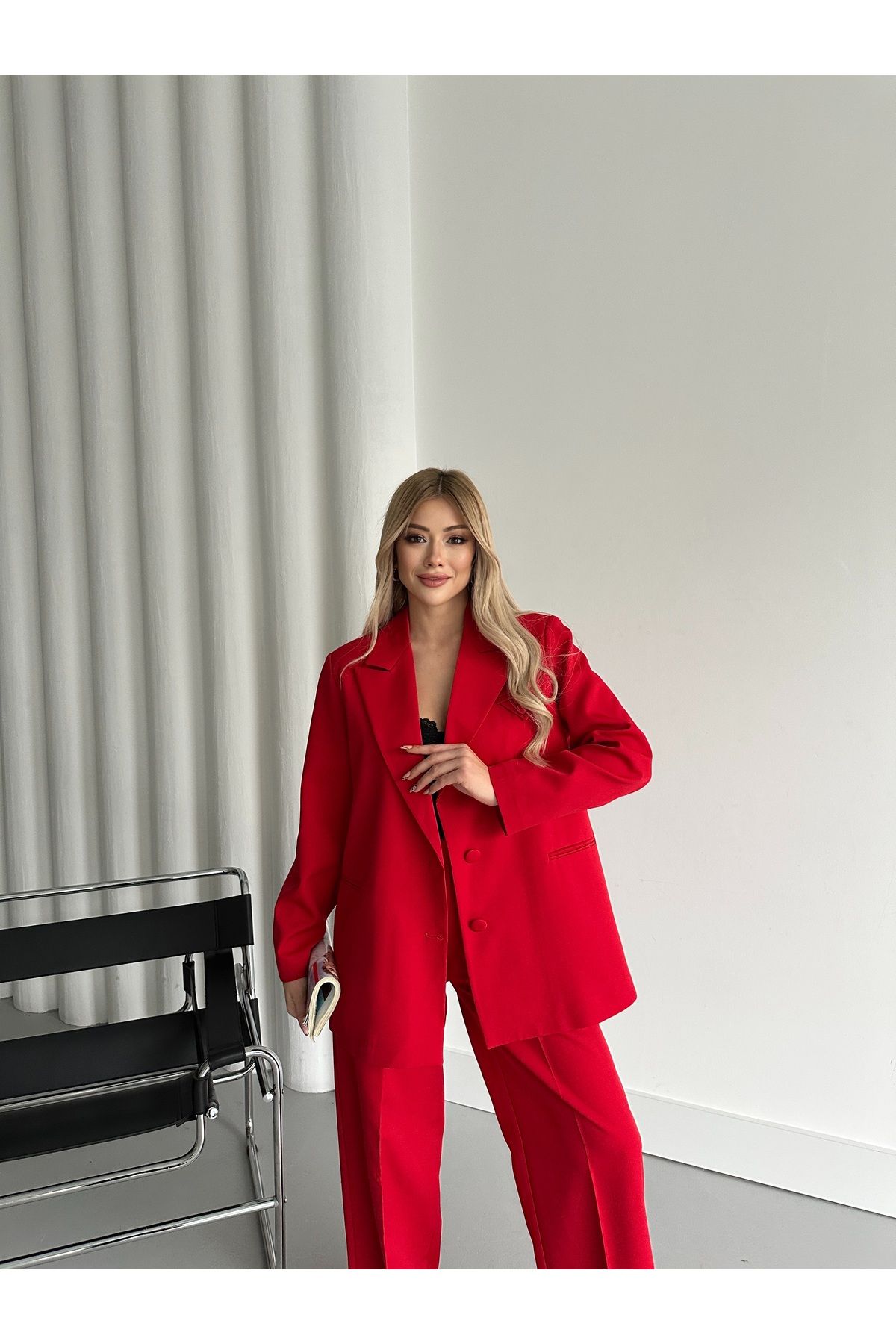 HOEK-Women's Red Button Detail Blazer Jacket Pants Suit 1