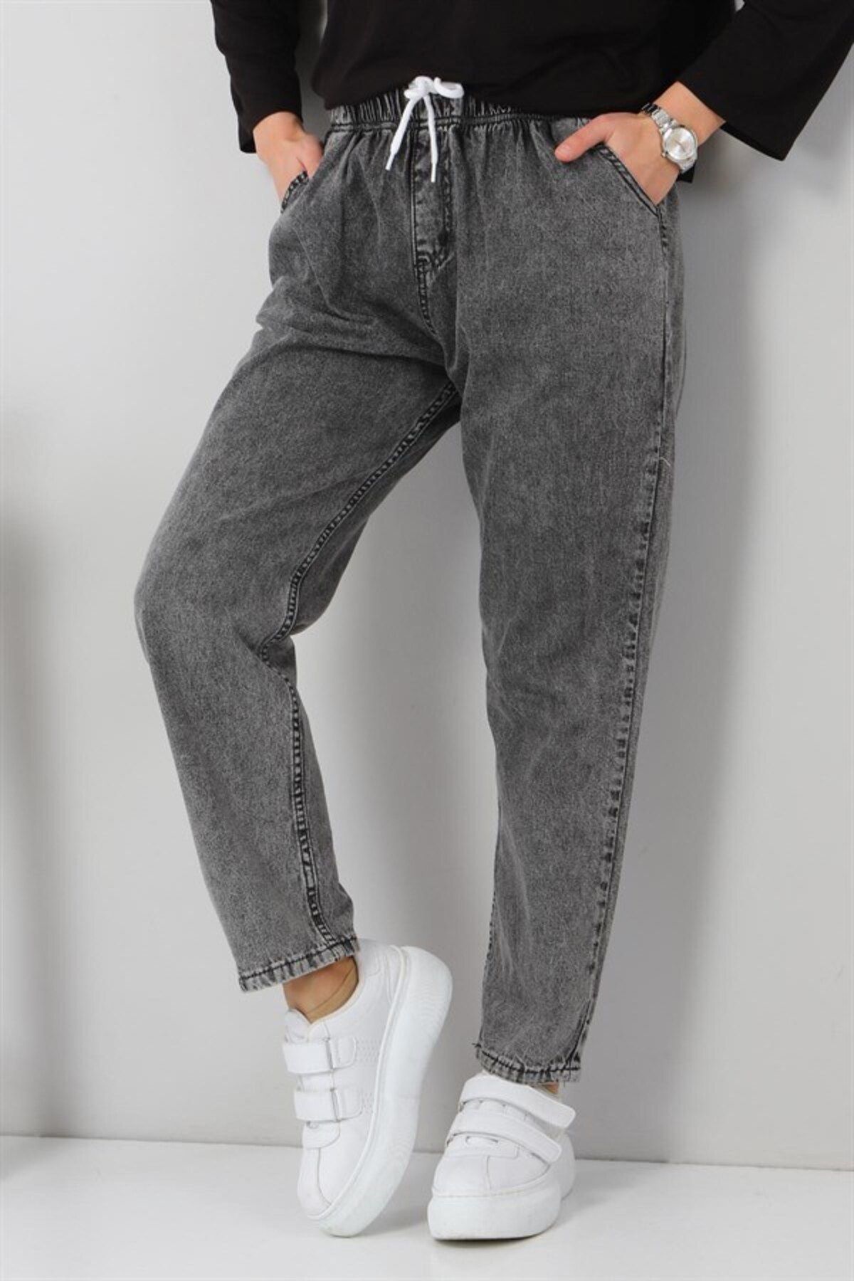 ModaMerve-Gray Boyfriend Style Jeans with Elastic Waist - Mi̇h5998 3