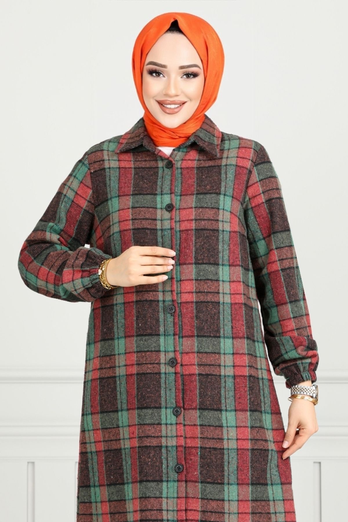 ModaMerve-Green Plaid Tunic - Front Button, 4446Ktr927-M 4