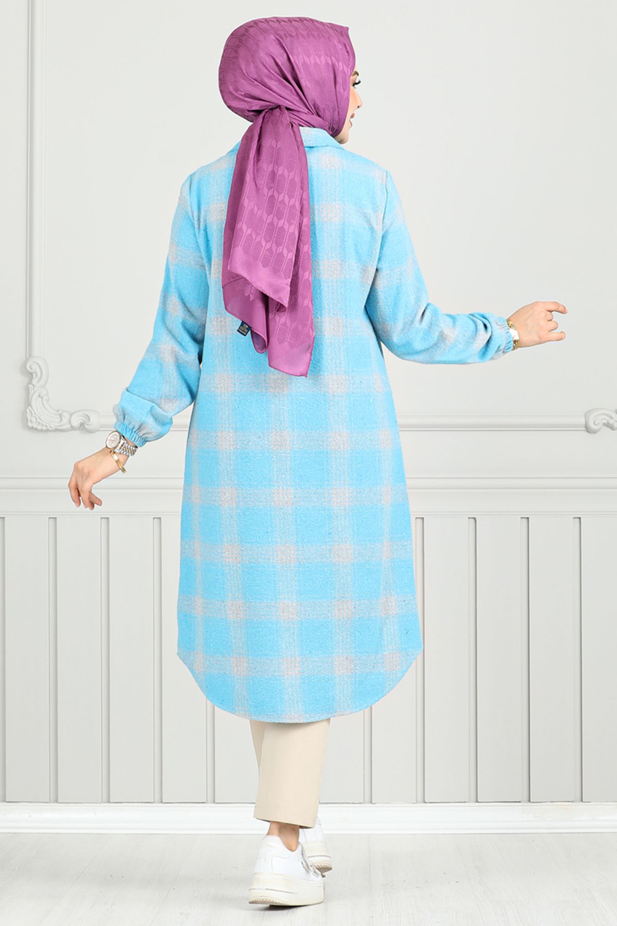 ModaMerve-Blue Plaid Tunic 4446Ktr927-M - Front Button 5