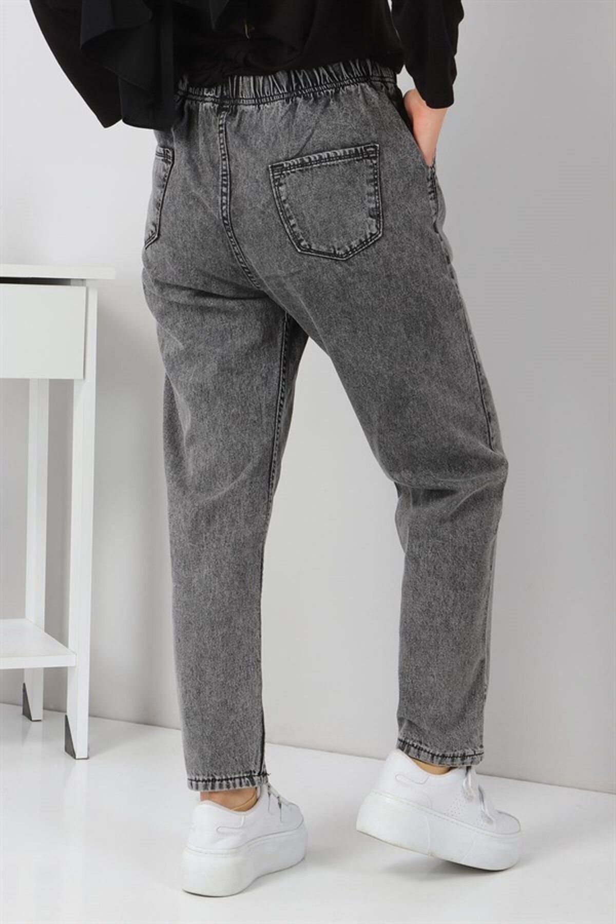 ModaMerve-Gray Boyfriend Style Jeans with Elastic Waist - Mi̇h5998 5