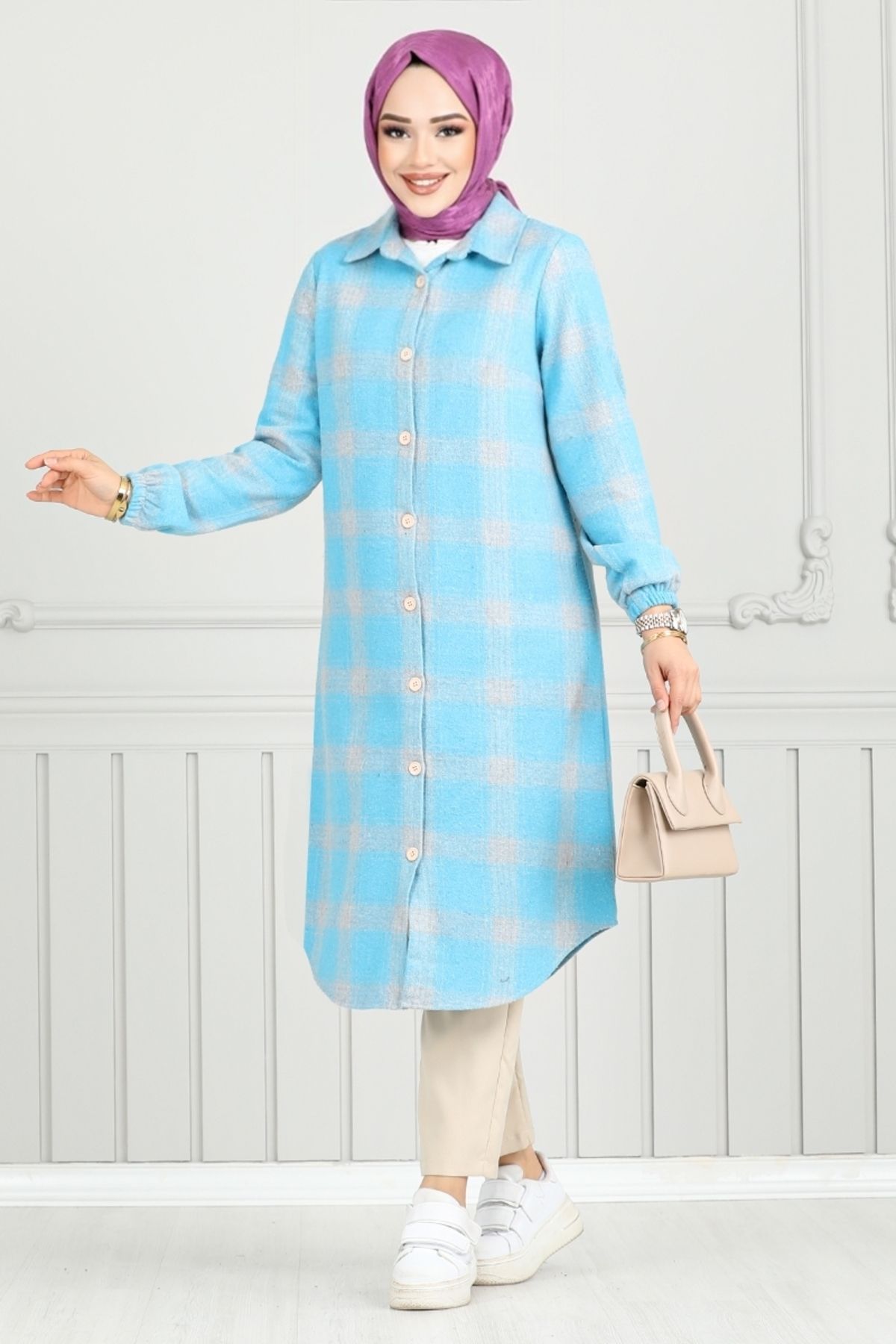 ModaMerve-Blue Plaid Tunic 4446Ktr927-M - Front Button 2