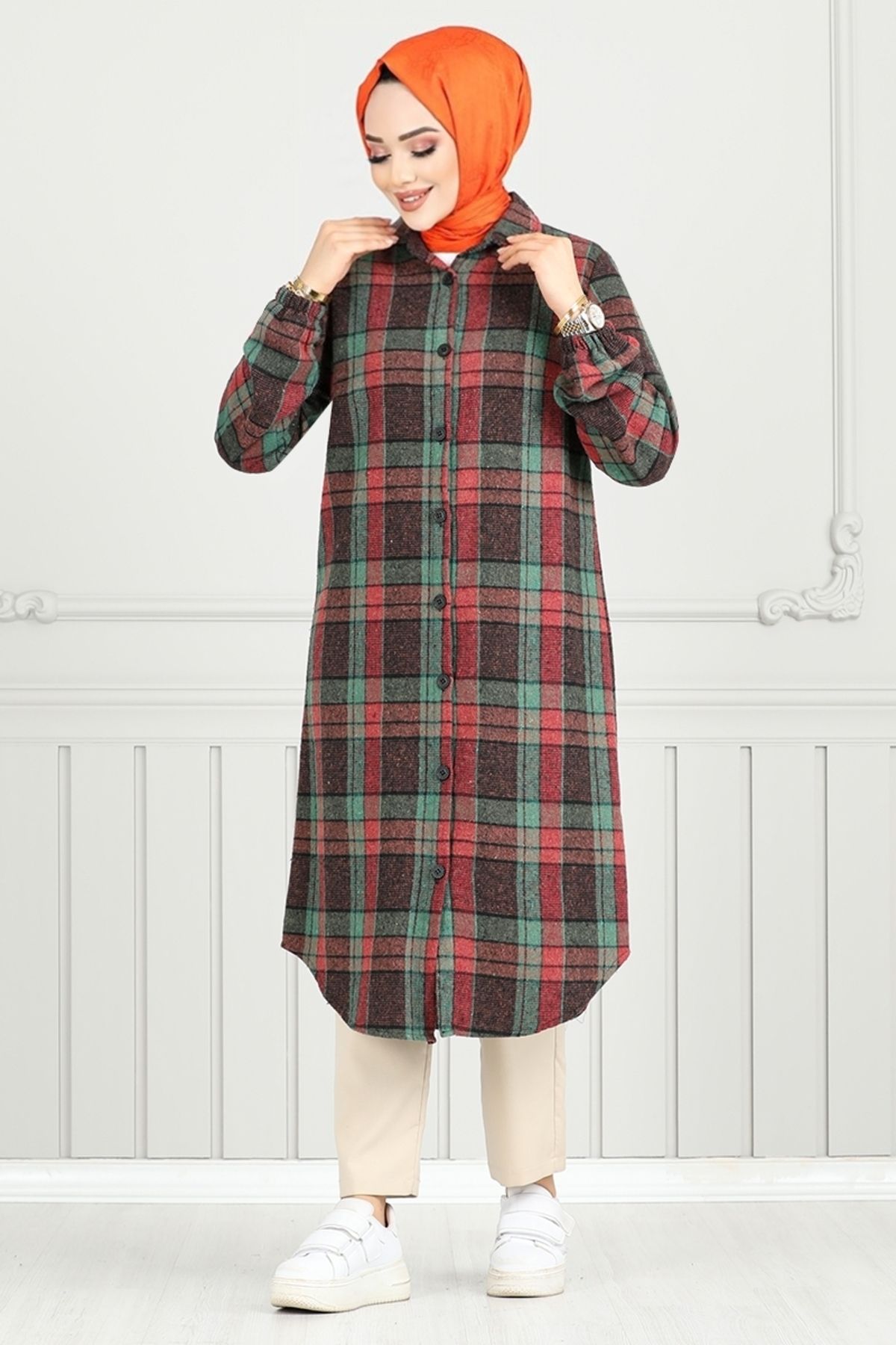 ModaMerve-Green Plaid Tunic - Front Button, 4446Ktr927-M 3