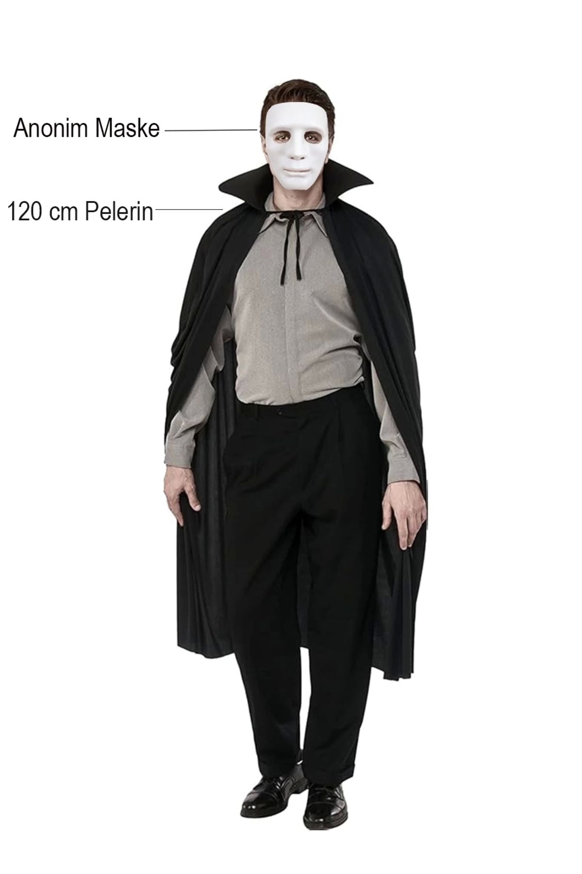 YNT İthalat-Heyf Black Color Collared 120 cm Cloak and White Anonymous Mask 1