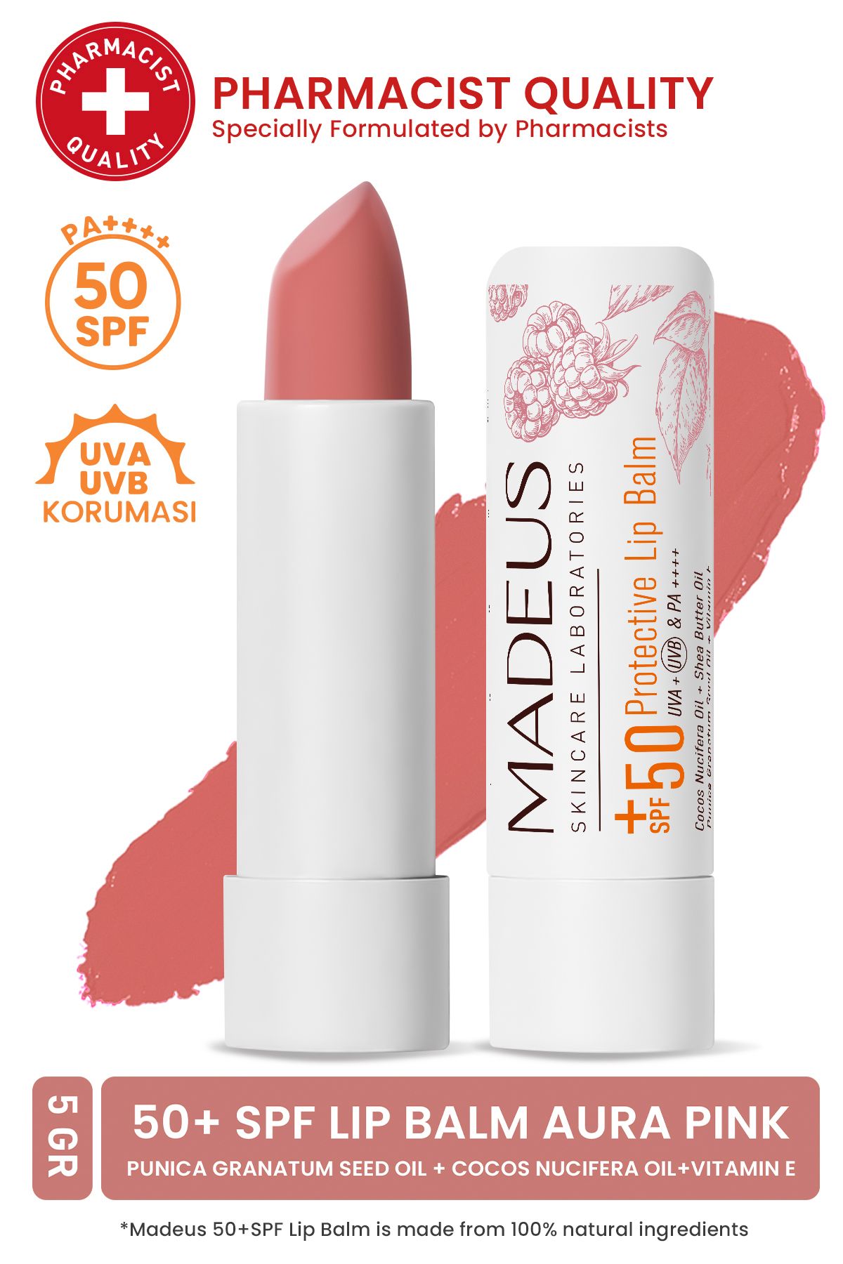 MADEUS SPF+50 Yoğun Nemlendirici Renkli Dudak Nemlendici Lip & Cheek Balm Aurora Pink 5 GR